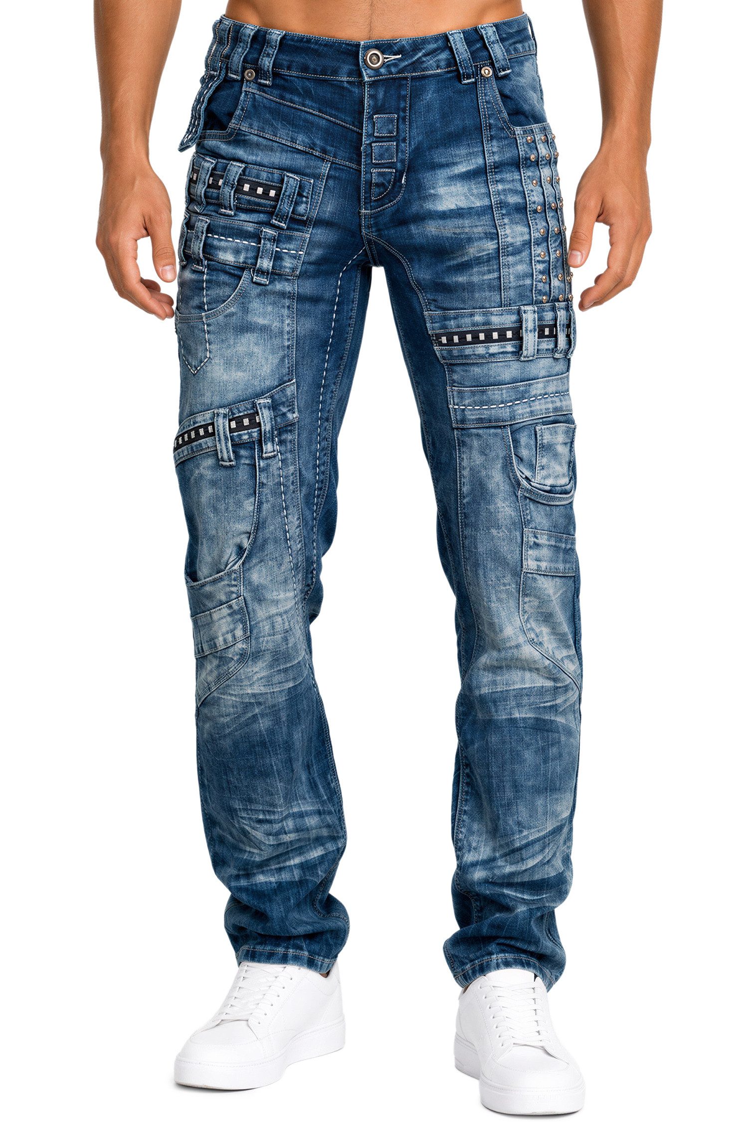 Kosmo Lupo 5-Pocket-Jeans Herren Regular Fit Jeans Stonewashed KM8004 (1-tlg) mit Nieten und Ziernähten