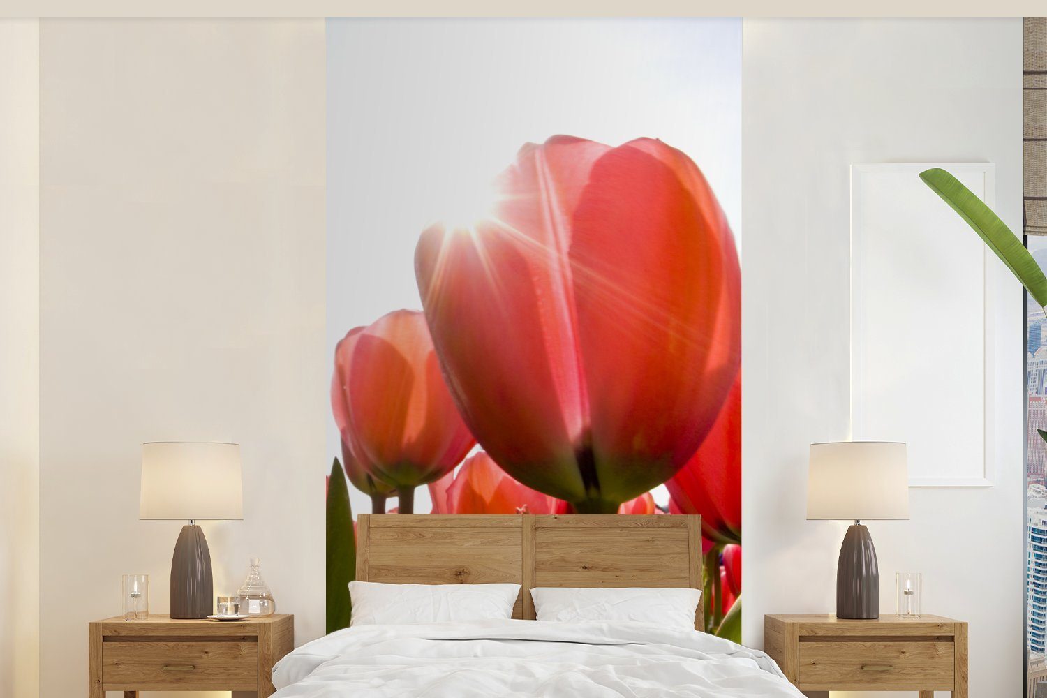 MuchoWow Fototapete Blumen (2 bedruckt, Küche, Sonne, St), - Fototapete Matt, Vliestapete Tulpen für Wohnzimmer - Schlafzimmer