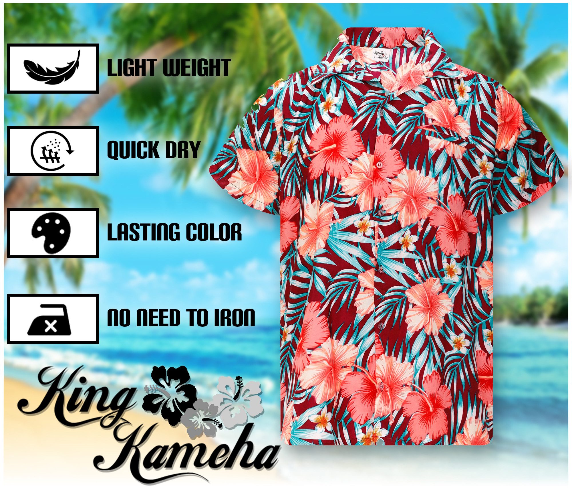 King Kameha Hawaiihemd Tropical Hibiscus Funky Hawaii-Hemd Kurzarm Front-Tasche Unisex