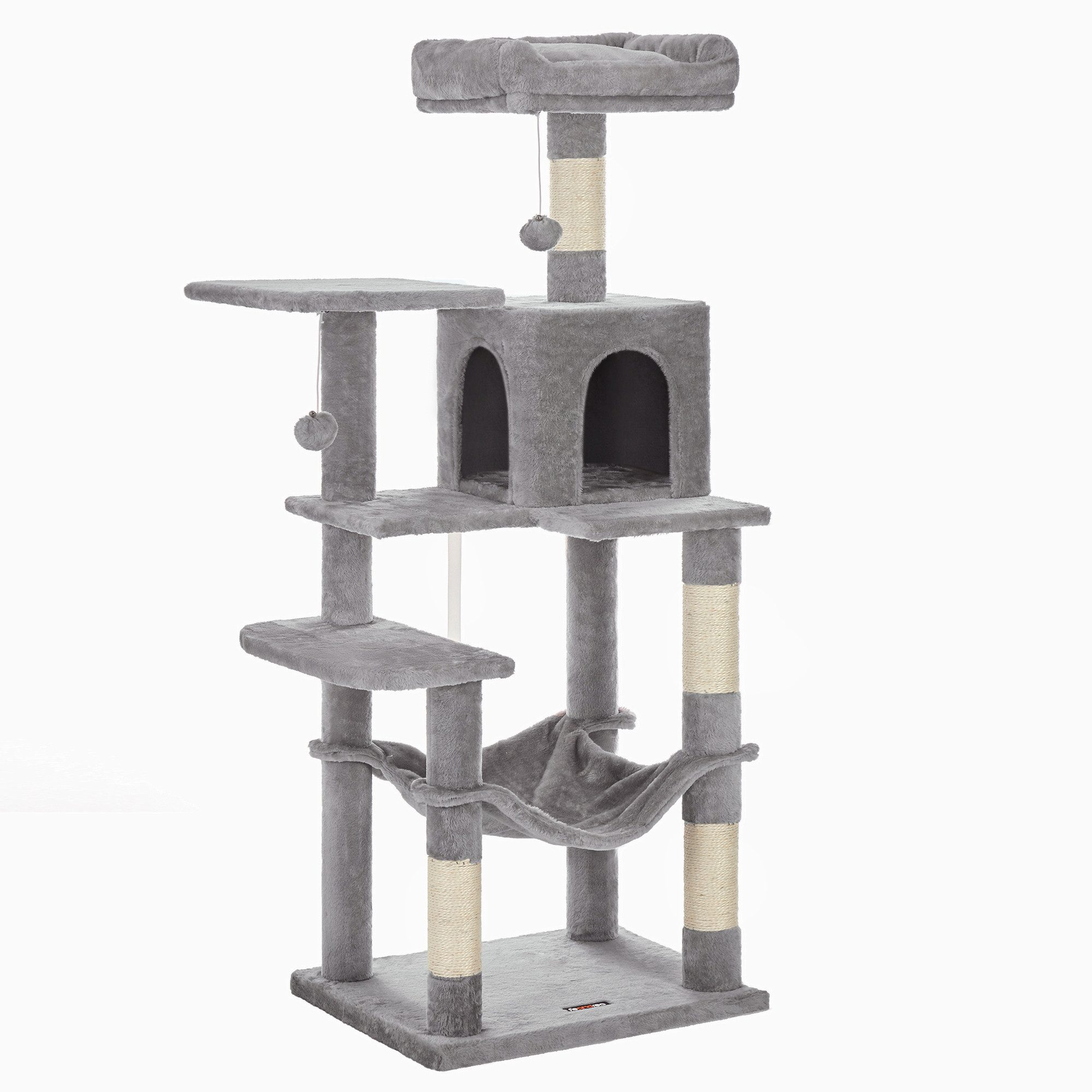 FEANDREA Kratzbaum Katzenbaum, Mehrstöckiges Katzenhaus, mit 4 Kratzsäulen, 2 Plattformen, Hängematte, Höhle, stabiler