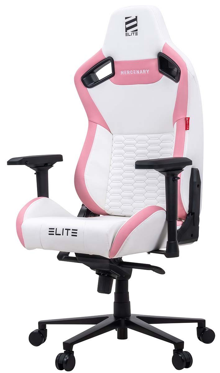 ELITE Gaming Gaming-Stuhl verstellbarer Profi Gamingstuhl ELITE Mercenary inkl. 4D-Armstützen (Drehstuhl inkl. Kopf- und Lendenwirkbelkissen (Alcantara-Optik), bis 150 kg, klappbare Rückenlehne - bis zu 135° neigbar, Home Office geeignet, Sicherheits-Doppelrollen, 360 Grad horizontal drehbar, Sicherheitsgasdruckfeder, Hohe Belastbarkeit, Chefsessel, Computer Stuhl, Drehsessel, Racing Chair, Gaming Chair, Computerstuhl, Pflegeleicht, hochwertige Verarbeitung, ergonomischer Gaming Stuhl mit Racing-Design, 1 St), Ergonomischer Bürostuhl - Racingstuhl - Chair - High-End Zockerstuhl Weiß/Pink | Weiß/Pink