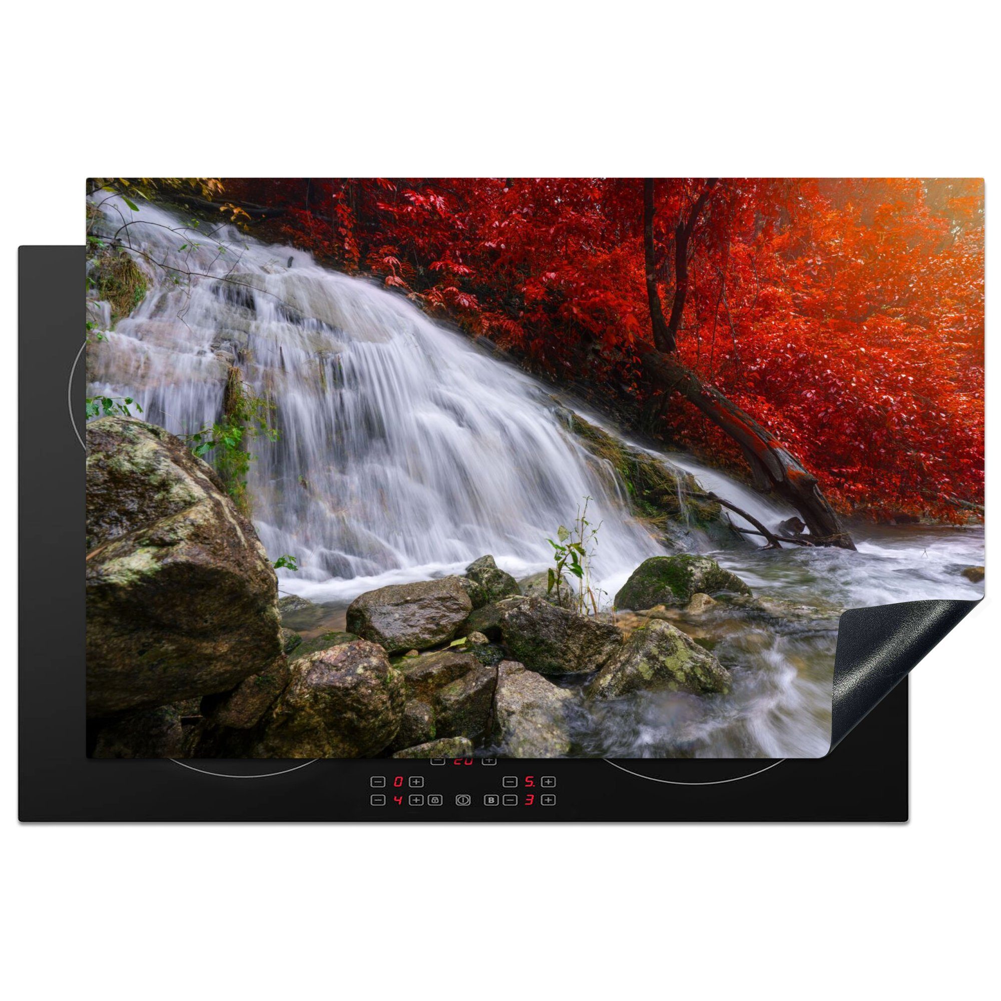 MuchoWow Herdblende-/Abdeckplatte Wasserfall - Felsen - Wasser - Herbst, Vinyl, (1 tlg), 80x52 cm, Induktionskochfeld Schutz für die küche, Ceranfeldabdeckung