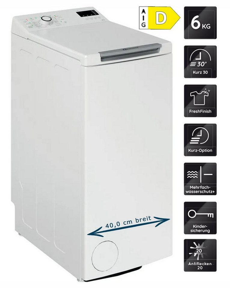 BAUKNECHT Waschmaschine Toplader WAT Eco 612 N, 6 kg, 1200 U/min,  Antiflecken, Fresh-Finish, Kurz-Taste, Die Start-/Pause-Taste lässt Sie die  Hausarbeit zeiteffizienter