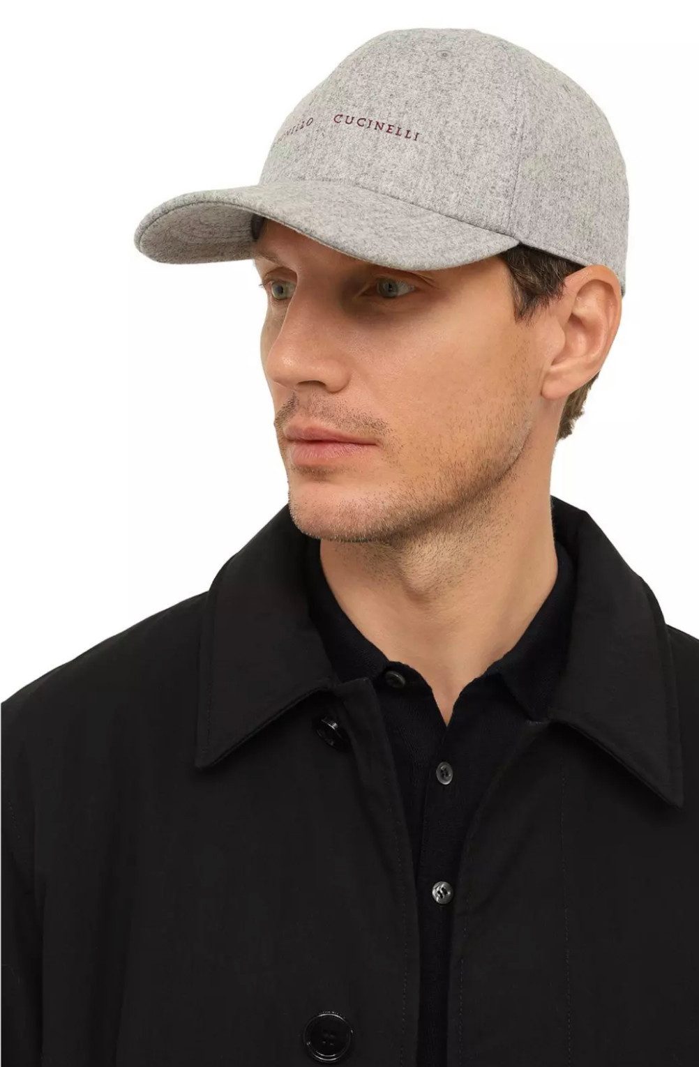 BRUNELLO CUCINELLI Baseball Cap Baseballkappe aus Schurwolle und Leder verstellbarer Lederriemen, Rotes Logo-Stickerei