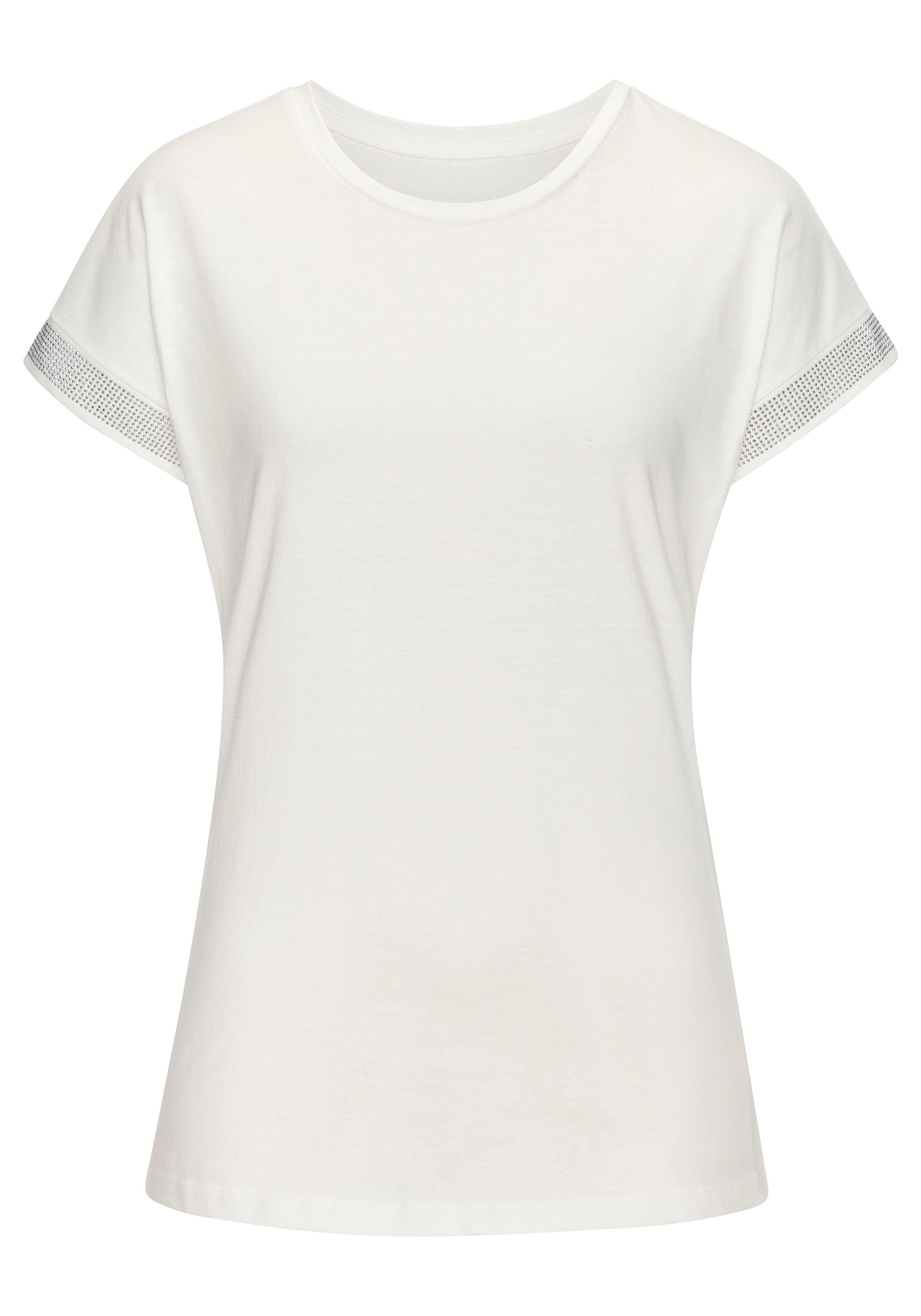 LASCANA Kurzarmshirt mit glitzernem Strass-Design am Arm aus Baumwoll-Qualität – Bild 2 von 5