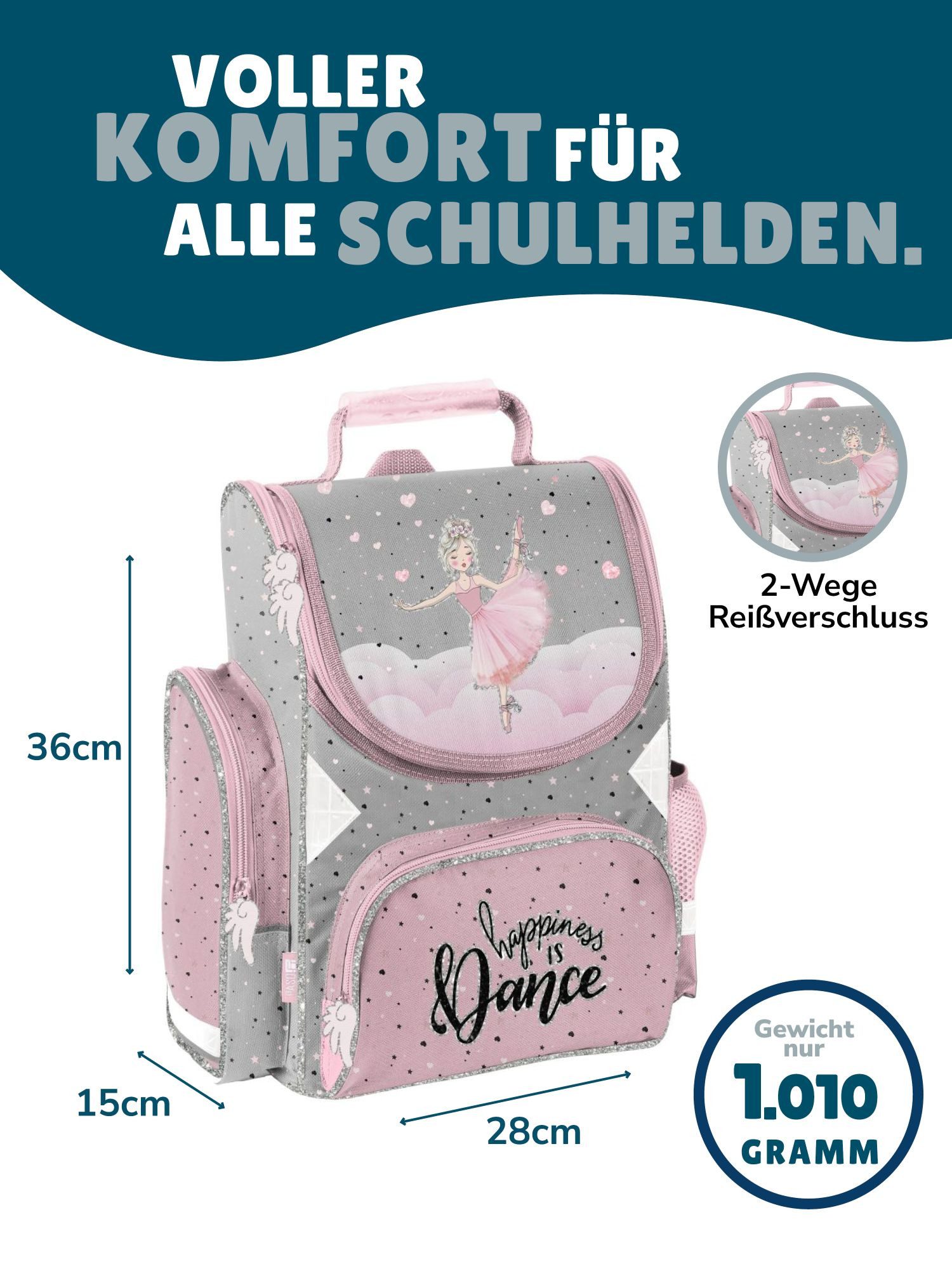 Familando Schulranzen Ballerina Ballett Schultasche, rosa, für Mädchen 1. bis 4. Klasse (Set, 8-tlg., inkl. Federmappe, Lunch-Set und Sporttasche), ergonomisch, 1.010 Gramm leicht, 18L Volumen