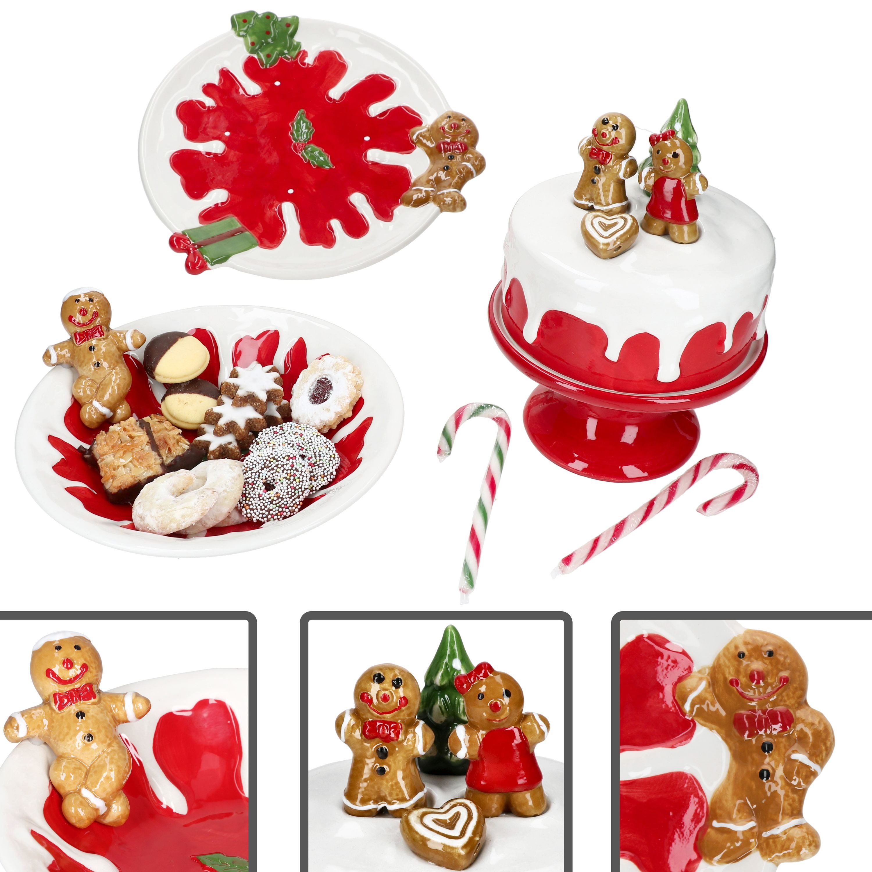 MamboCat Servierplatte 3tlg Set Weihnachtsstern Teller Schale Mini-Tortenplatte Steingut Rot, Steingut