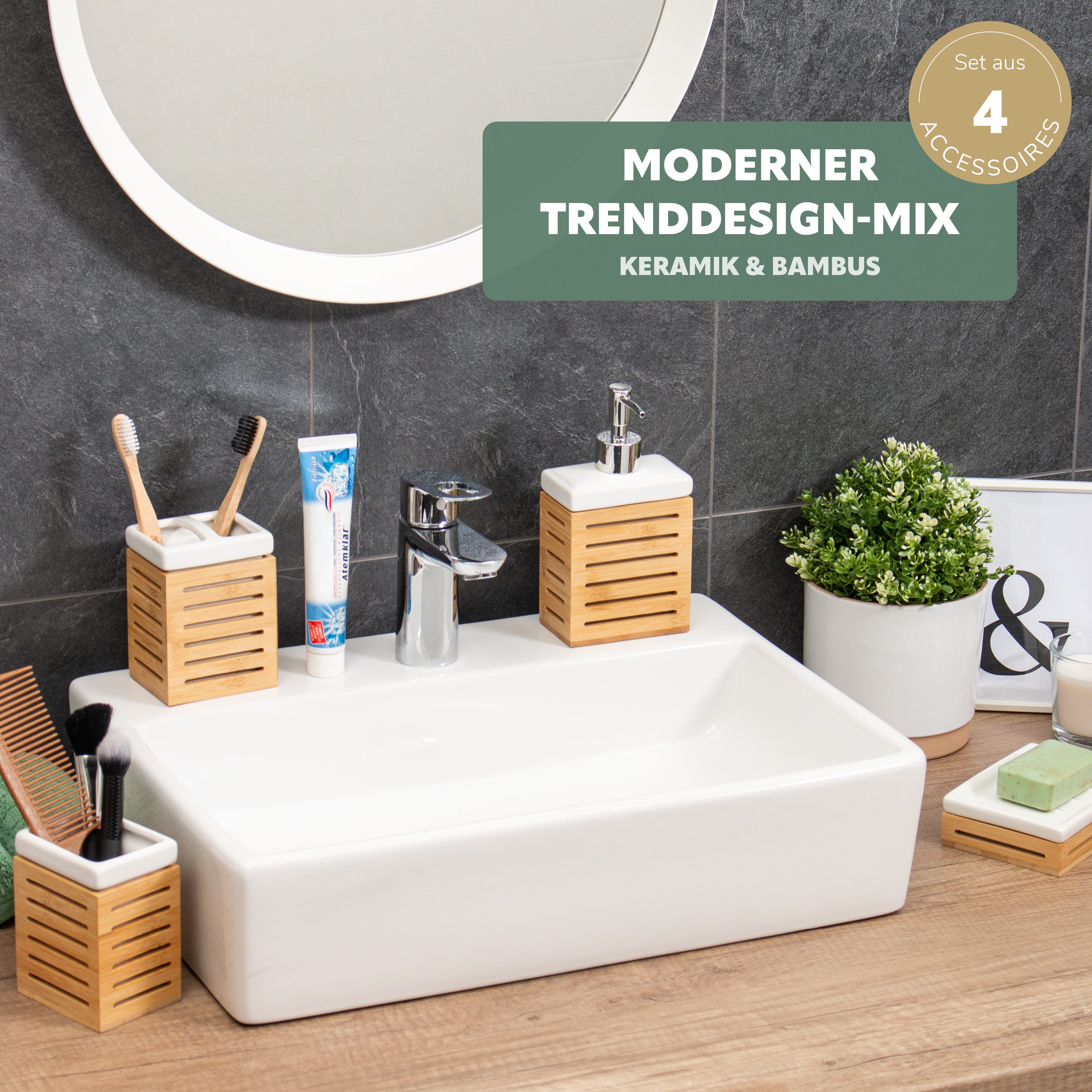 bremermann Badaccessoire-Set Badezimmer-Set 4-tlg., Bambus, Keramik, günstig online kaufen