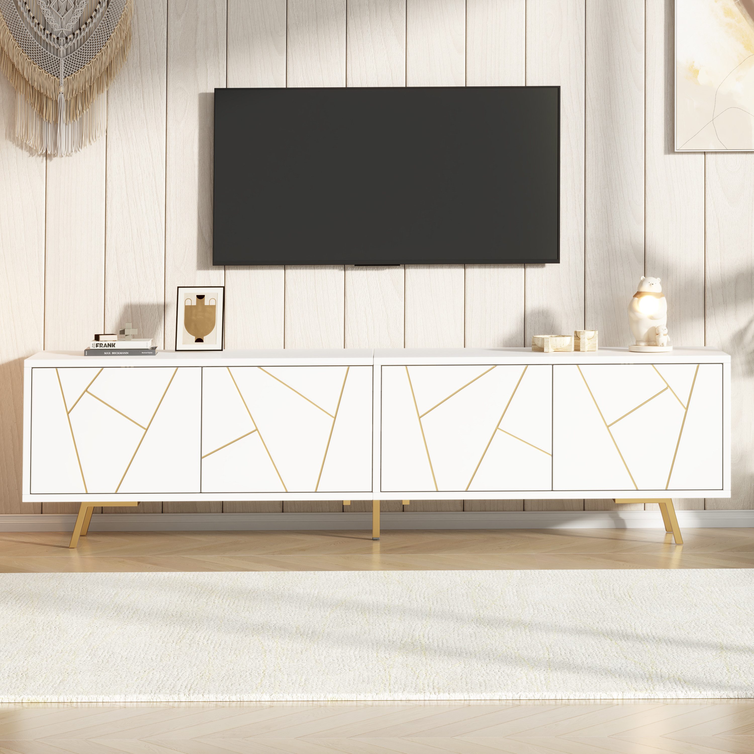 Merax Lowboard mit goldenen Akzenten (1 St), TV-Schrank mit 4 Türen, viel Stauraum & Metallbeinen, 190x40x51,5cm