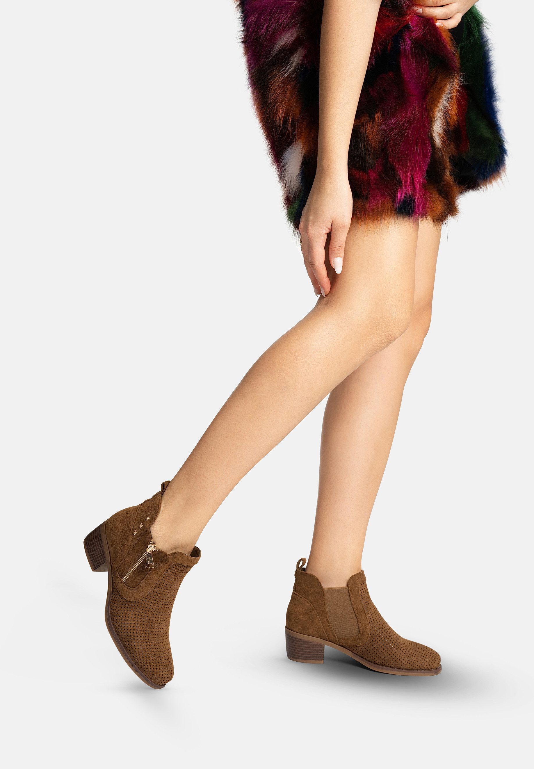 Salinyang Damen Chelsea Boots mit Lochstruktur, Zipper & Blockabsatz Stiefelette – Bild 5 von 5