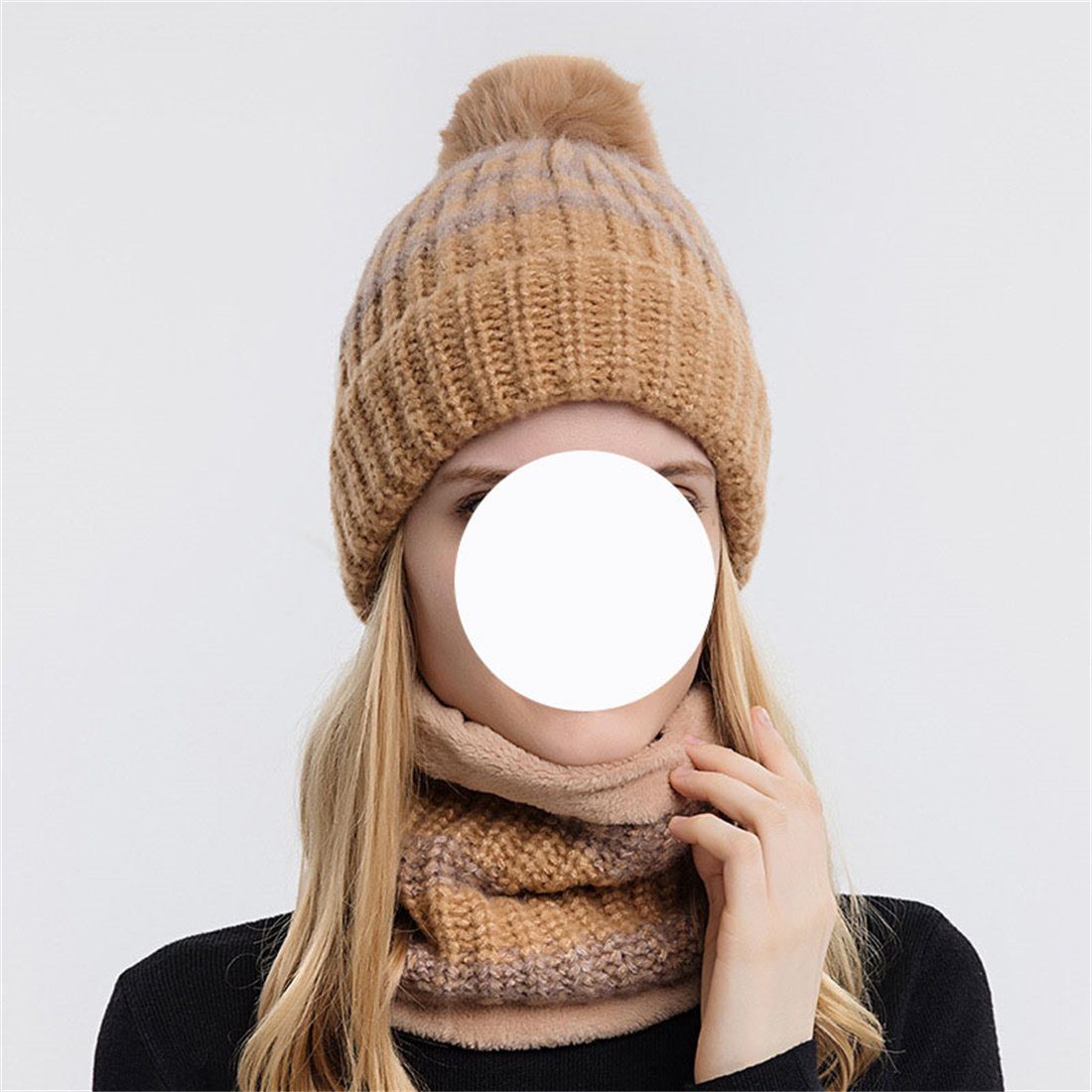 DÖRÖY Strickmütze Damen Fashion Warm Knitted Hat 2 Pcs Set, Winter Woolen Hut + Schal khaki