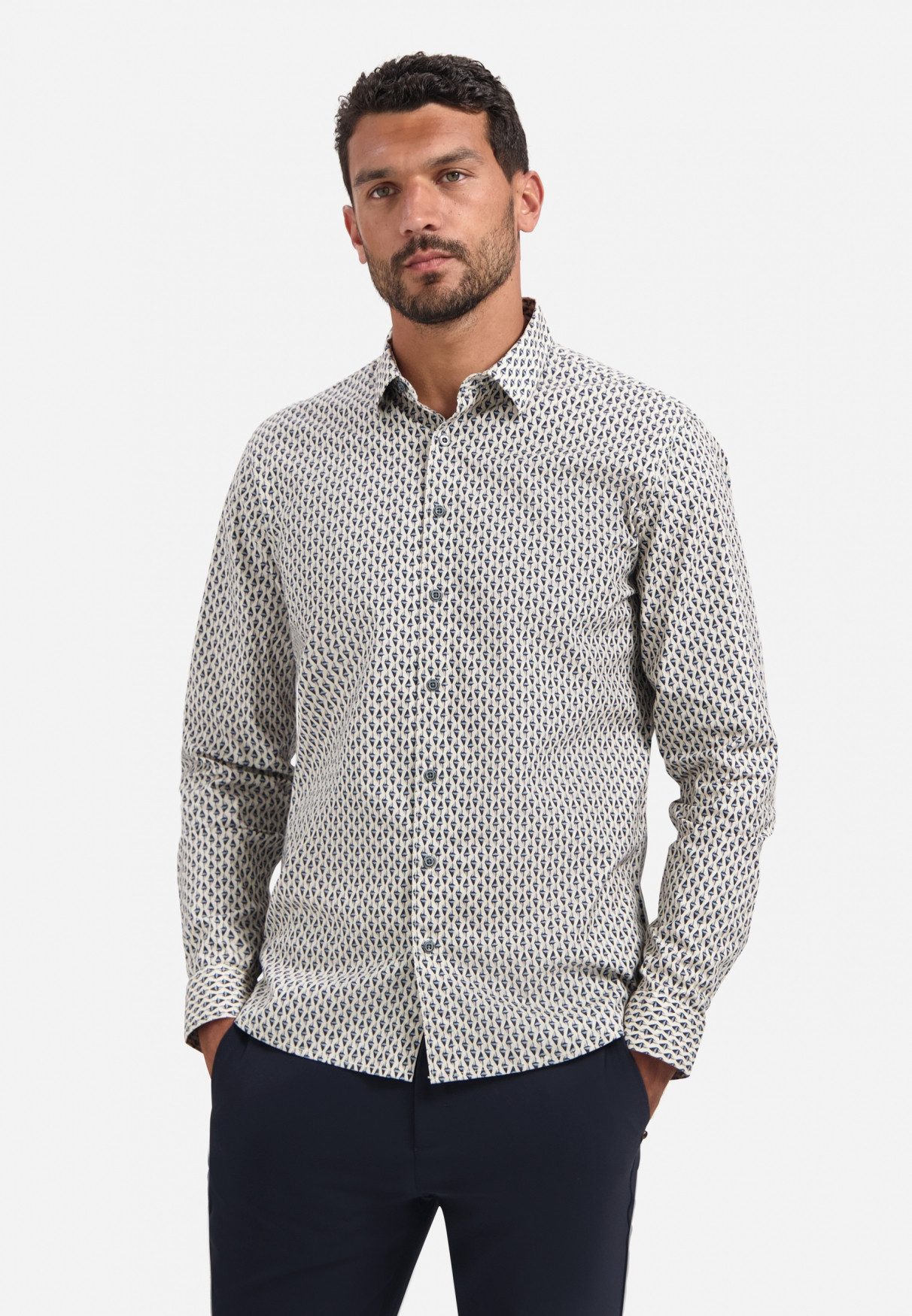 NO EXCESS Langarmhemd No Excess Stretchhemd mit Print Shirt Stretch Allover Printed