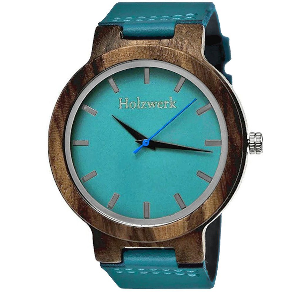 Holzwerk Quarzuhr KAHLA große Damen Leder & Holz Armband Uhr, türkis blau, günstig online kaufen