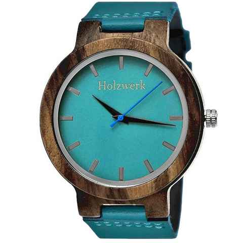 Holzwerk Quarzuhr KAHLA Damen & Herren Leder & Holz Armband Uhr, türkis blau, braun