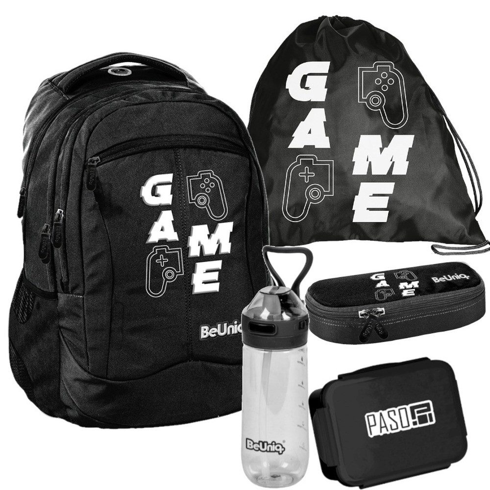 PASO Schulrucksack (Schulset, 5-tlg), Game Pads Mega Set 5-teilig – Schwarz