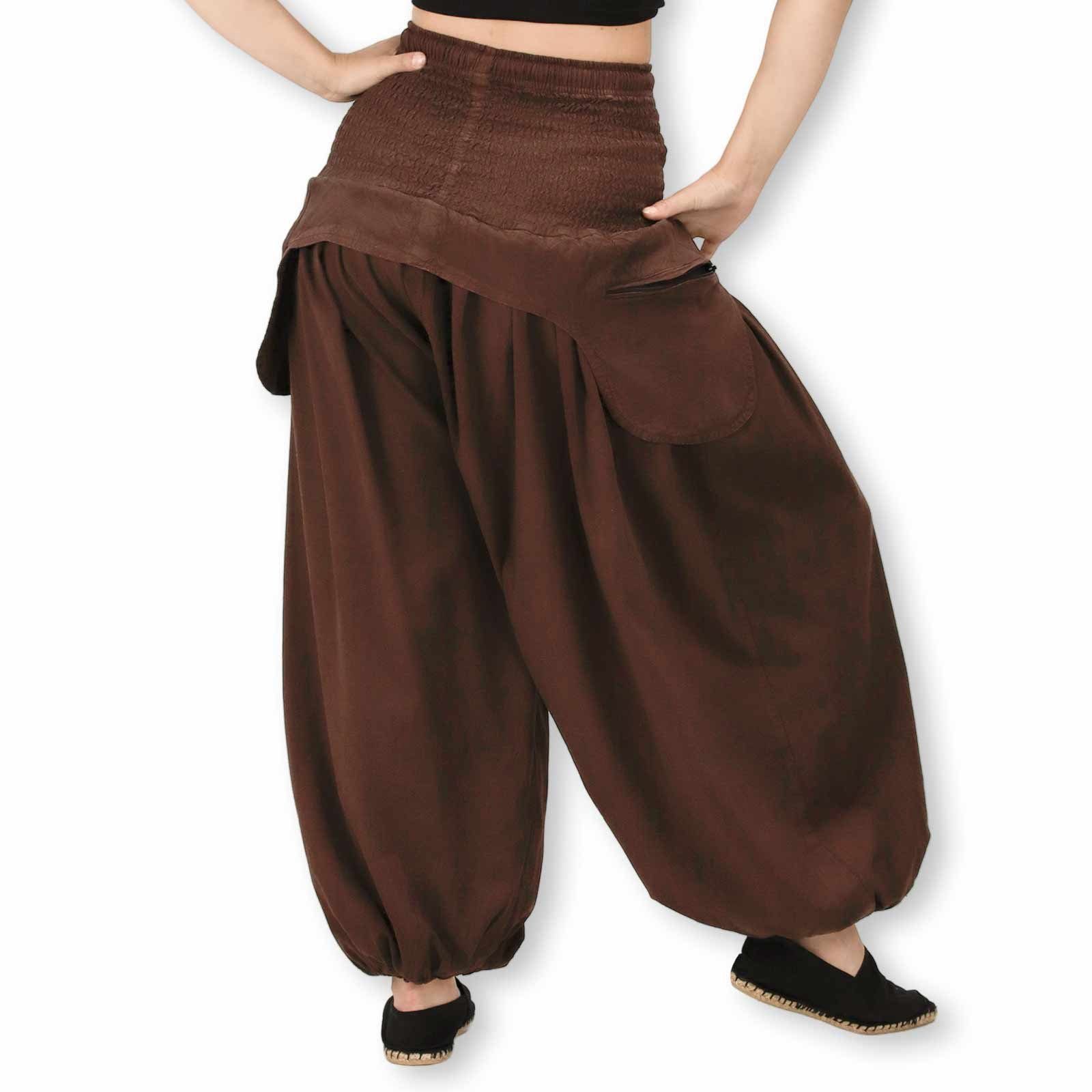 KUNST UND MAGIE Haremshose/Jodhpur-Hose Damen Hose Unifarben praktische Haremshose Braun Vintage Schürzentaschen