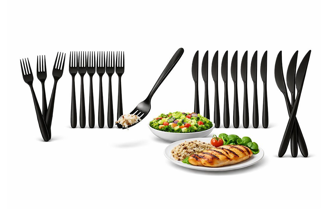 Lauroo Serviergabel 200 Stück Schwarzes Mehrweg Besteck Set – 100 Messer & 100 Gabeln (200 Stück), Wiederverwendbar, Spülmaschinengeeignet bis 125 Waschgänge