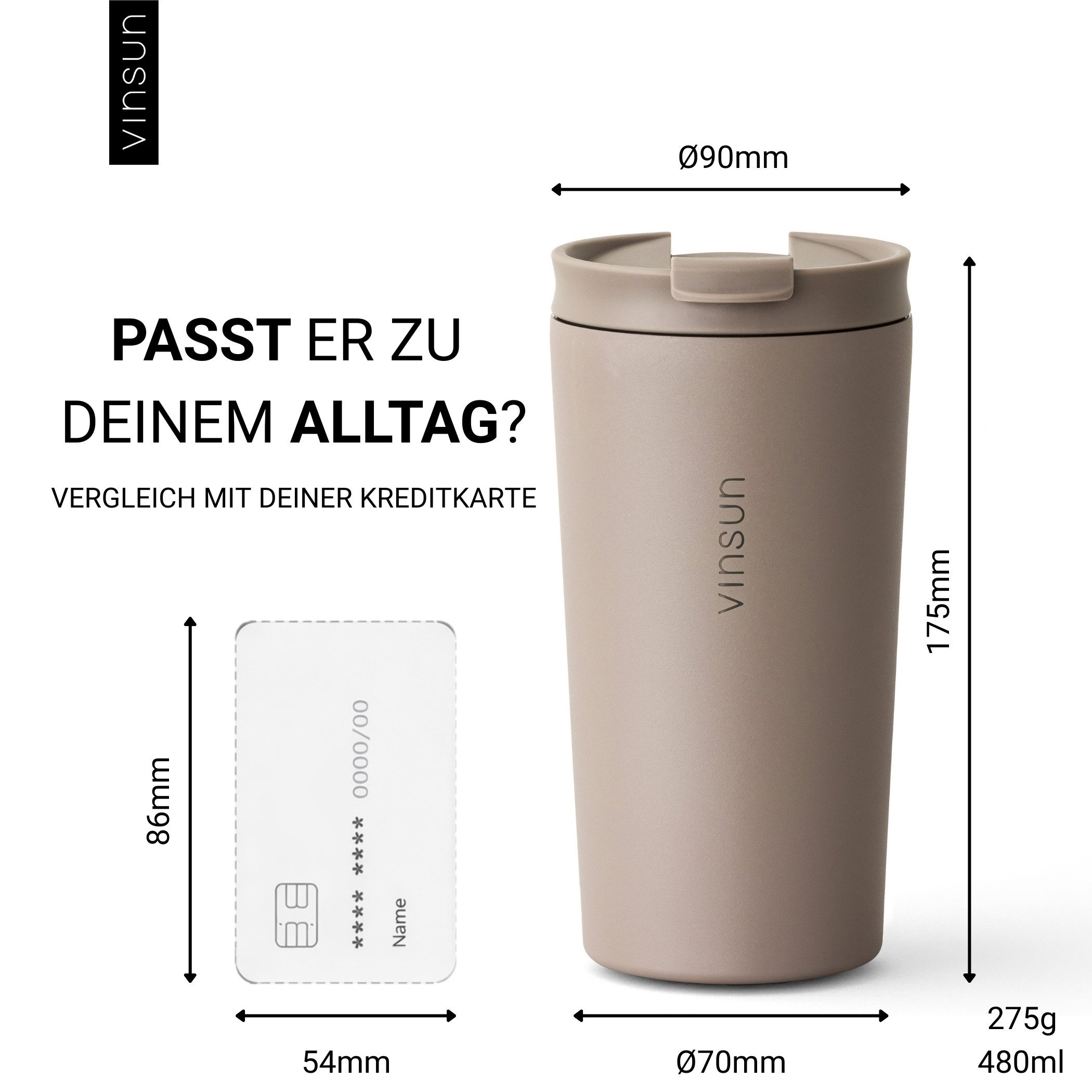 Vinsun Thermobecher Edelstahl Becher mit Strohhalm 480ml - Isolierbecher auslaufsicher, 4-tlg., Edelstahl, Doppelwandig isoliert, BPA frei, bruchfest, Kalt- und – Bild 5 von 5