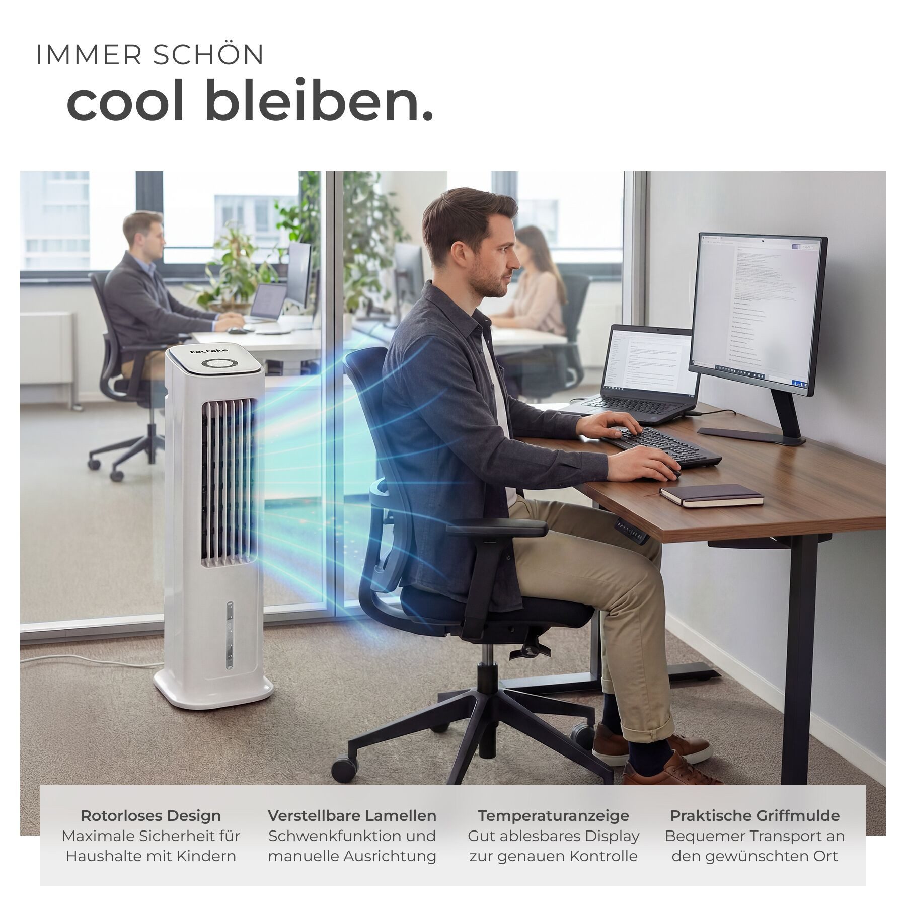 tectake Tischventilator Luftkühler Alaska in weiß, leise, 3 Modi, Inkl. Fernbedienung, 4in1, 5 l Wassertank, 12-Stunden-Timer, Touch-Display, energiesparend