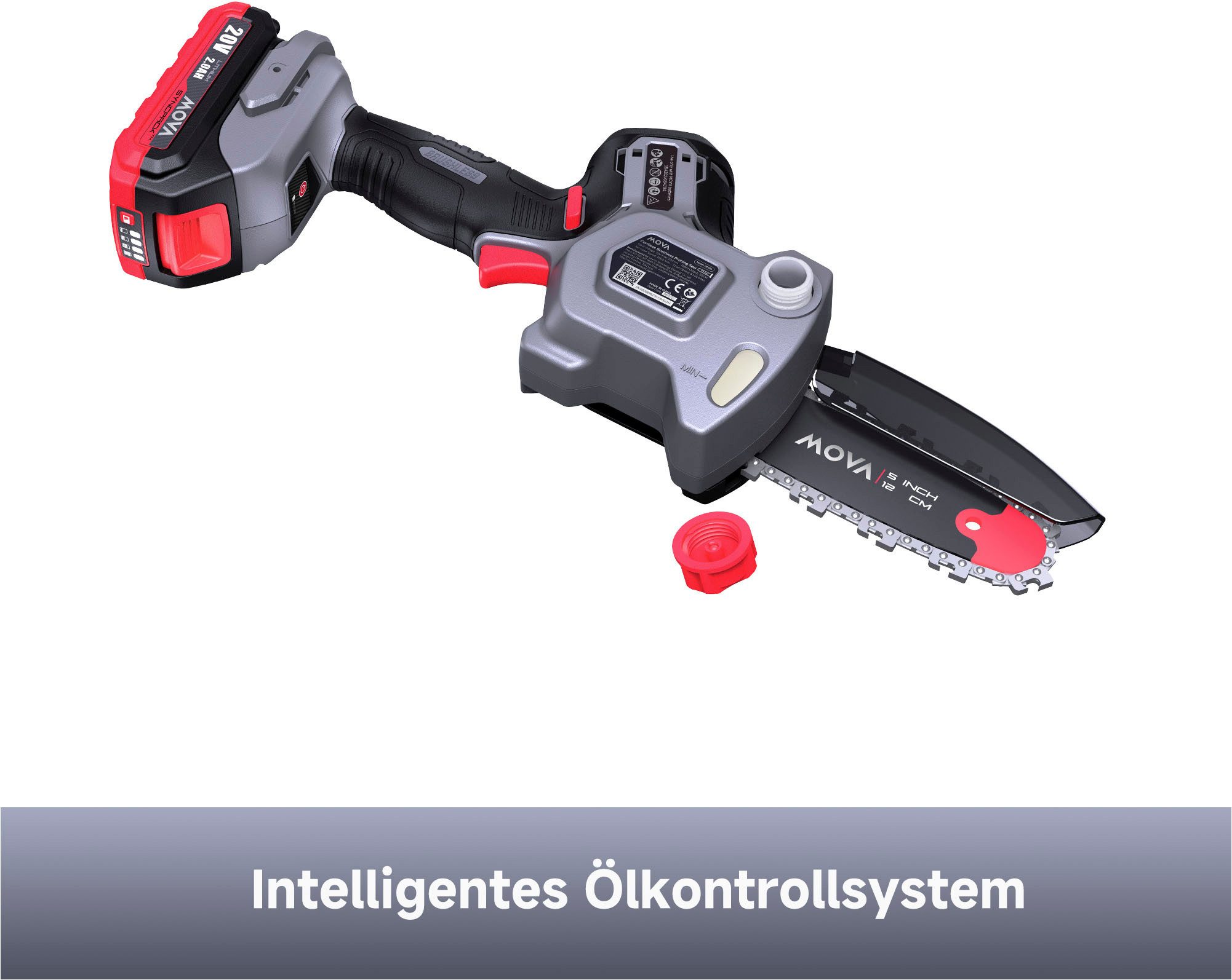 Mova Akku-Kettensäge Akku-Astkettensäge, Brushless GC205, 12 cm Schwertlänge, Inkl. 2 Ah Akku und Ladegerät