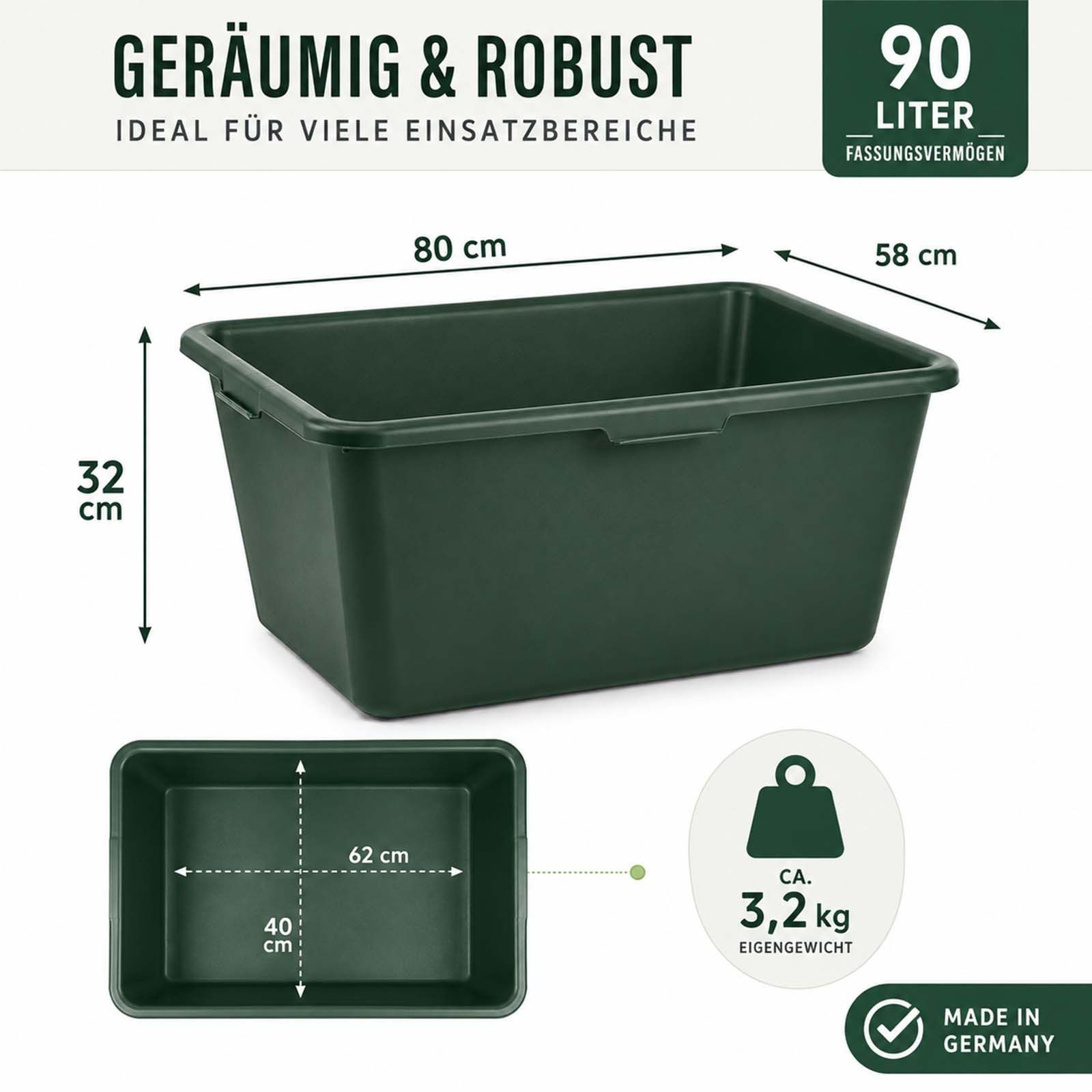 BURI Baueimer Wildwanne 90L XXL Kunststoffwanne Futterwanne Wasserbottich Grün Eckig