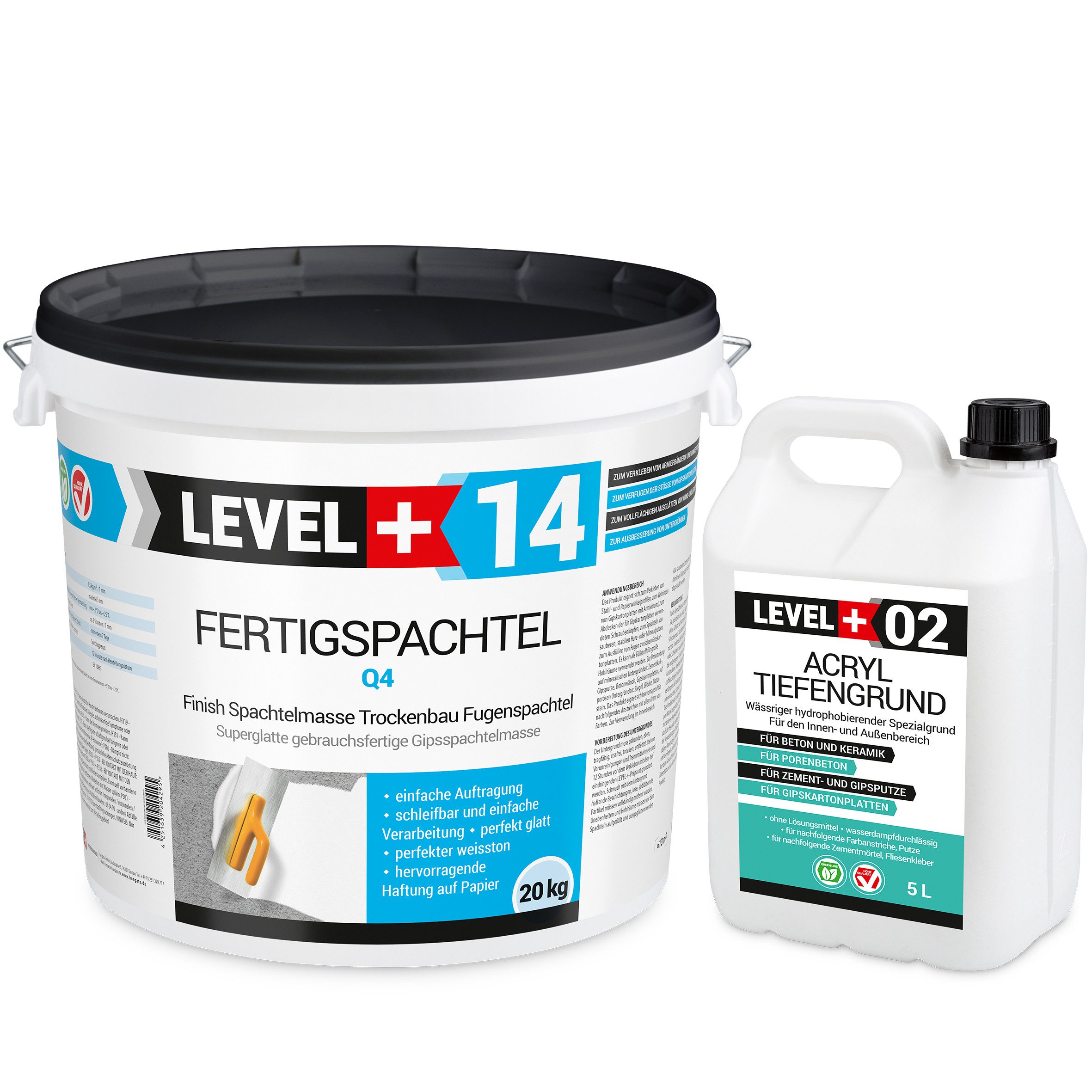 Level+ Fertigspachtel Fertigspachtel 20kg Spachtelmasse und Acryl Tiefengrund SET600