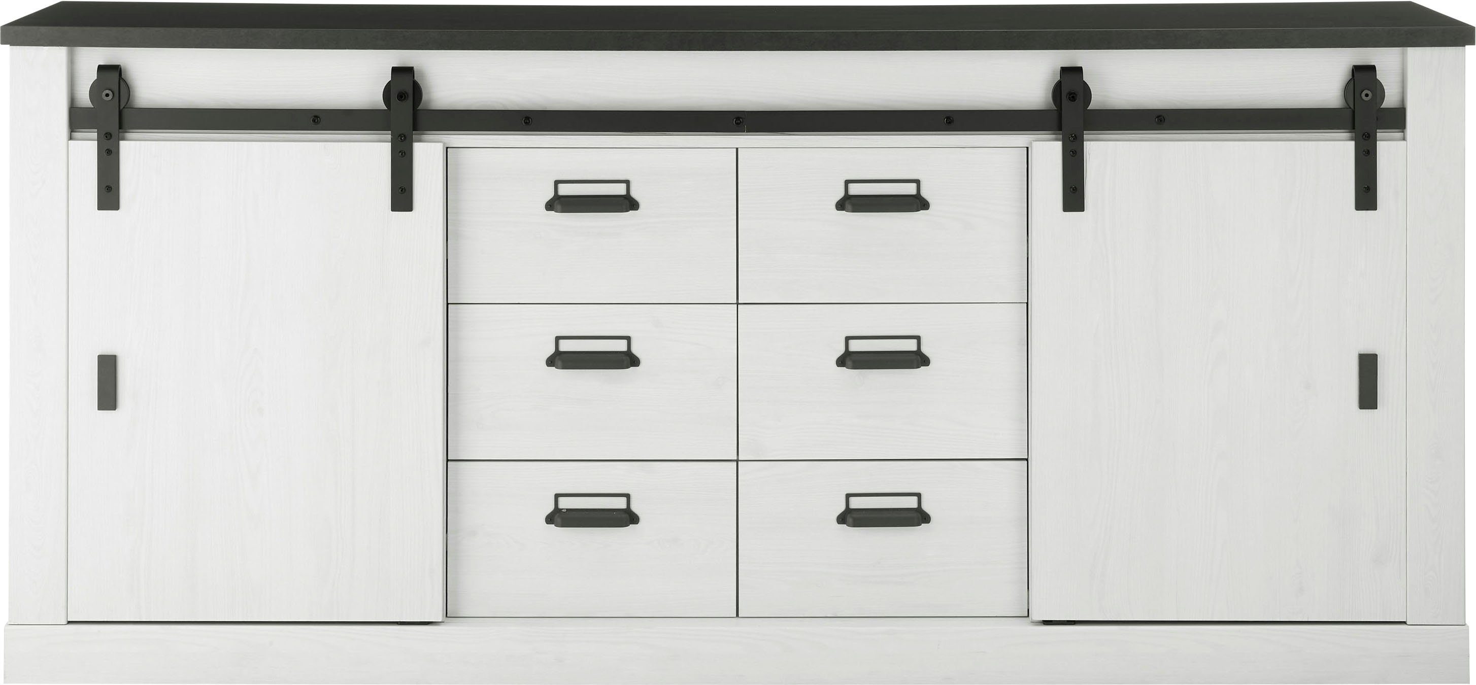 Home affaire Sideboard SHERWOOD, modernes Holz Dekor, mit Scheunentorbeschlag aus Metall, Breite 201 cm