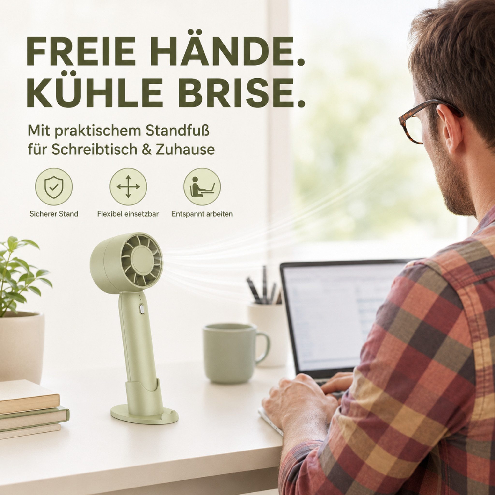 HS.SUPPLY Handventilator Mini Ventilator mit Akku, 3 Stufen, Standfuß, leise & tragbar, 2-in-1 Hand- und Tischventilator mit 3 Geschwindigkeitsstufen