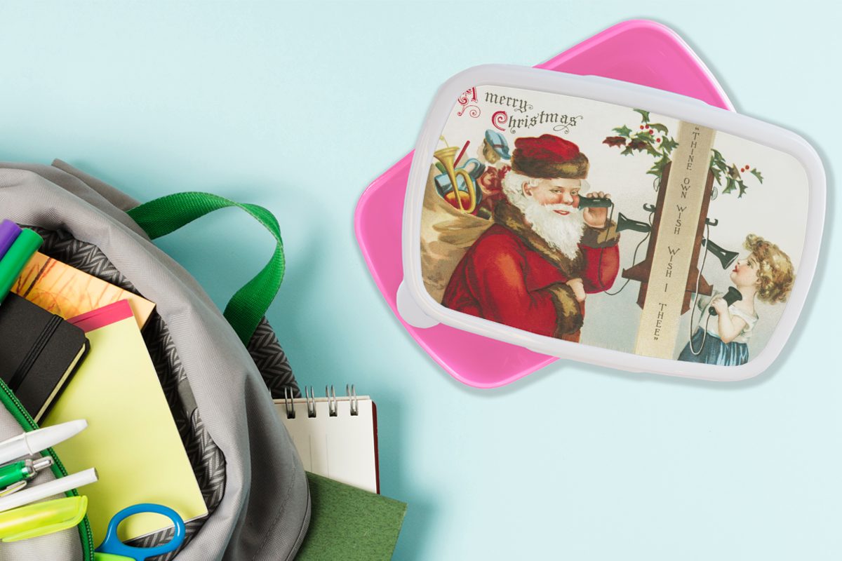 Brotbox Kinder, - (2-tlg), Erwachsene, Mädchen, Kunststoff, Weihnachten Lunchbox Kunst Weihnachtsmann, Brotdose für - rosa Snackbox, Kunststoff MuchoWow