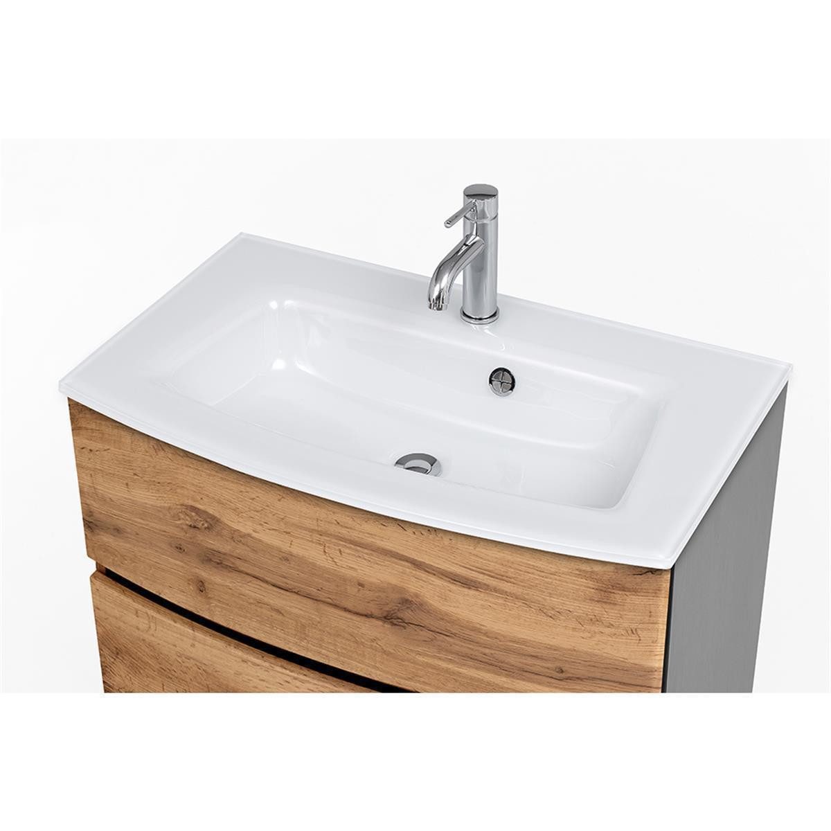 Lomadox Waschtisch LAURIA-03, grau mit Wotaneiche Nb. inkl. Glaswaschbecken weiß 80x53x49 cm