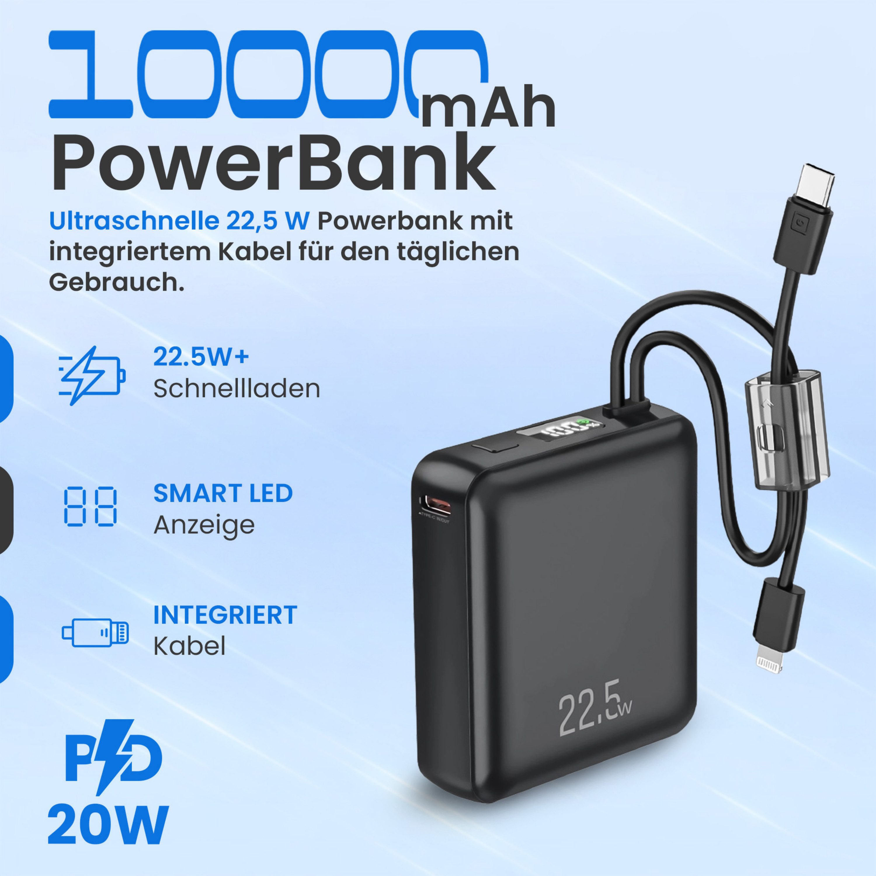RUHE Powerbank mit Kabel Schnelles Aufladen Tragbares Ladegerät Powerbank Externer Akku 22,5W 10000 mAh (12 V, 1 St), Klein Aber Stark für iPhone 17 16 15 14 13 12 11 Samsung Xiaomi iPad