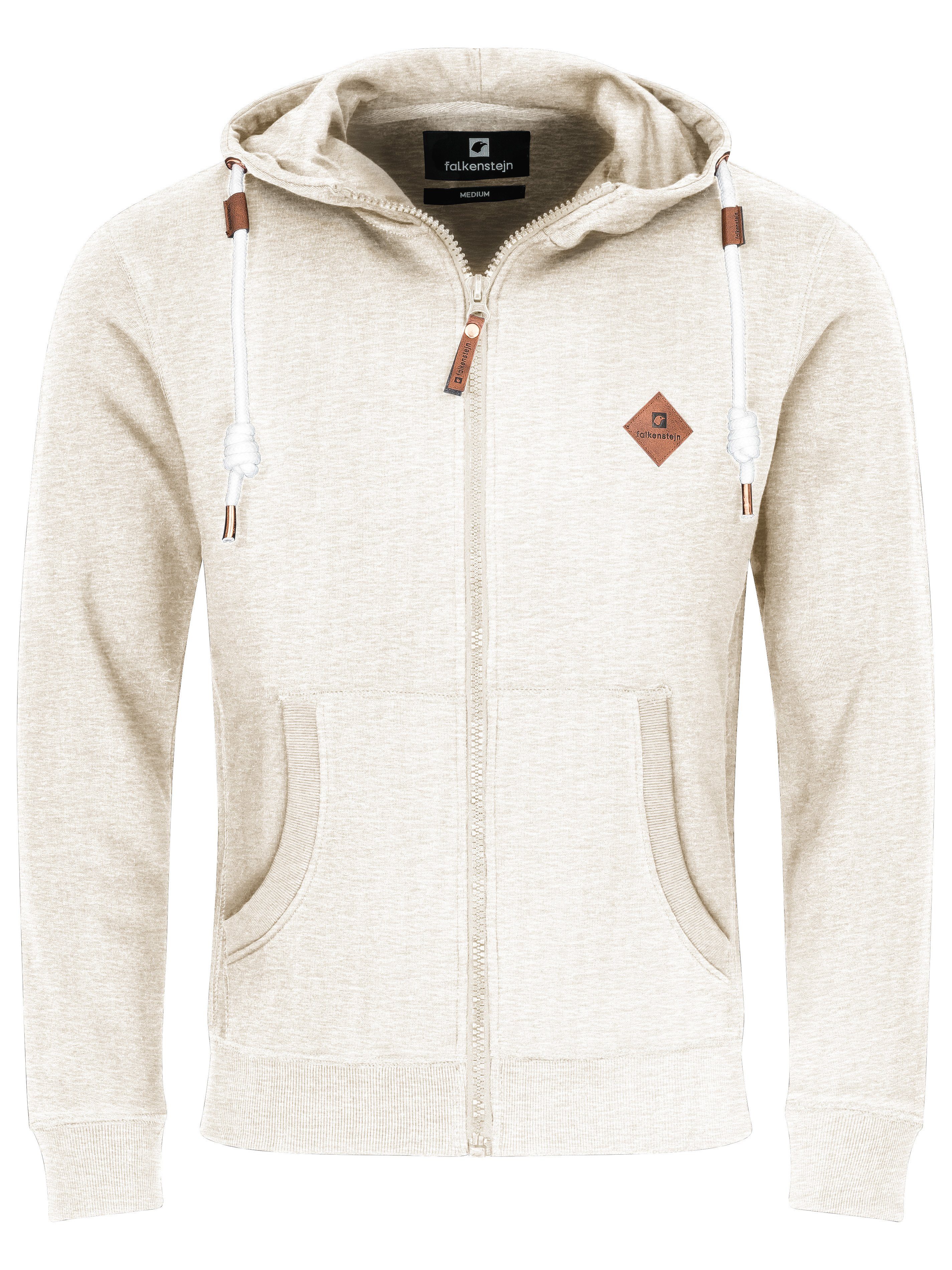 Logolederpatch Kapuzenpullover Colesburg Ecru-Mix FALKENSTEJN Sweatjacke Kapuzensweatjacke stylischer mit