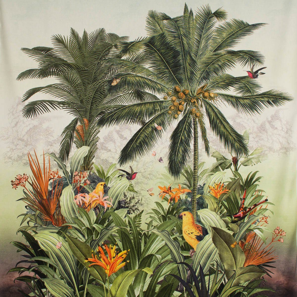 SCHÖNER LEBEN. Stoff Dekostoff Halbpanama Garden of Eden Panel Palmen Vögel 1Stk 140x140cm, Digitaldruck