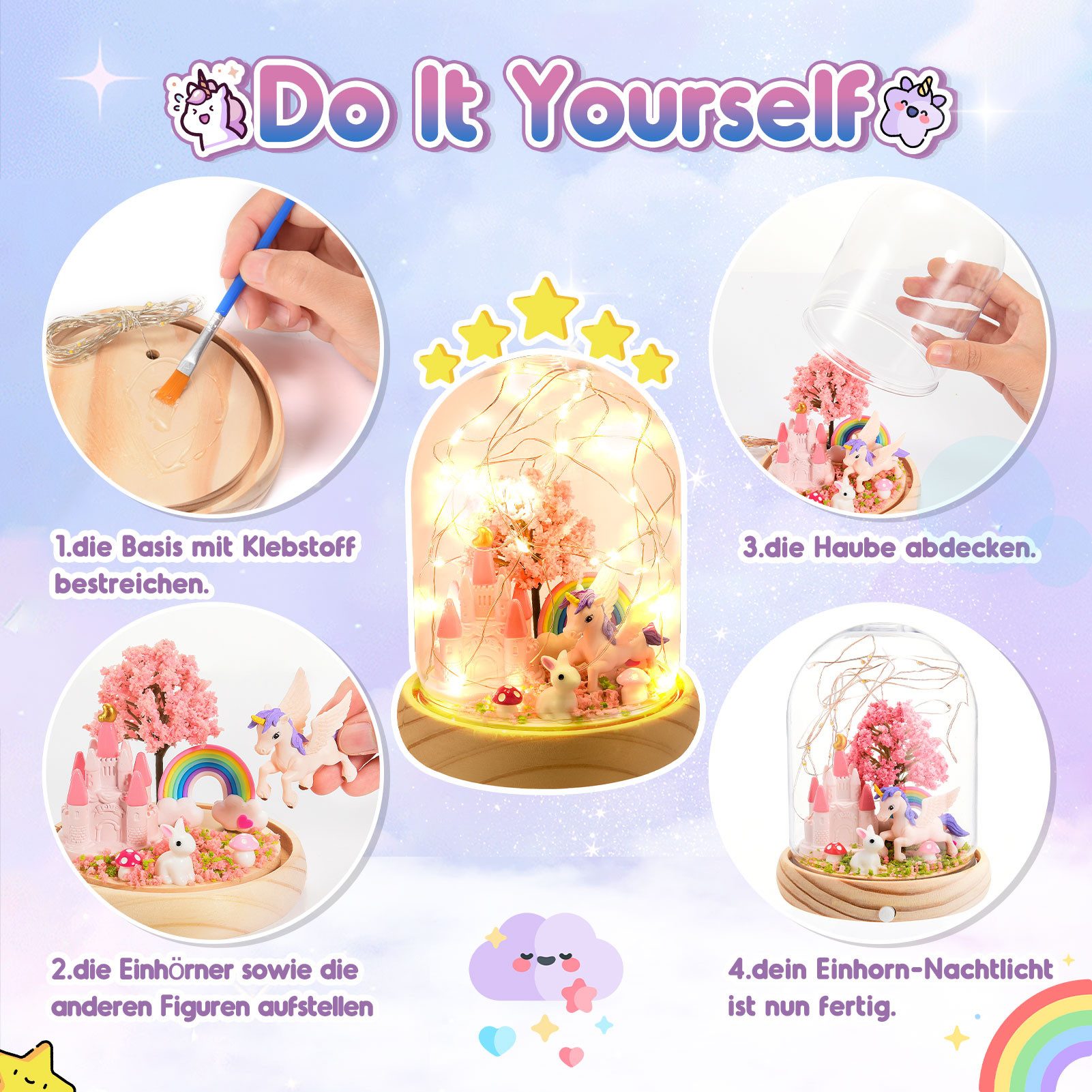 Wootoy Kreativset Einhorn Nachtlicht Bastelset Kinder DIY LED-Nachtlicht, (mit Bebilderte Schritt-für-Schritt-Anleitung, 1-tlg., verbindet kreatives Gestalten mit spielerischem Lernen), Geschenkidee für Kinder und Einhorn-Fans mit dekorativem Mehrwert