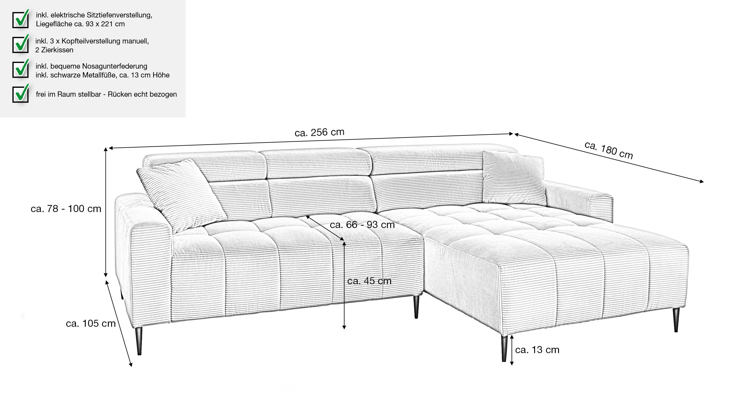 Massivart® Ecksofa Cord 256 cm / Cordsofa / Sitztiefen- & Kopfteilverstellung / SIMPLE, Nosagfederung · frei im Raum stellbar – Bild 3 von 5