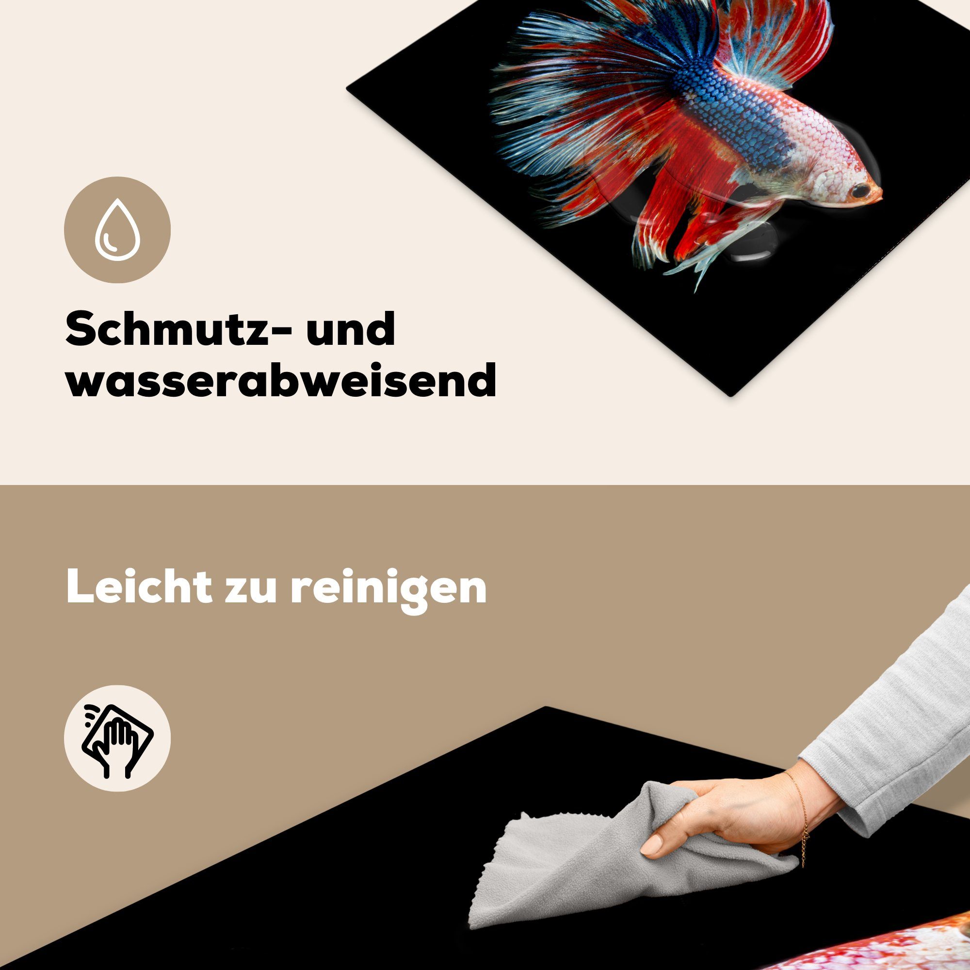 küche, Herdblende-/Abdeckplatte die MuchoWow - (1 Vinyl, Ceranfeldabdeckung - Fisch cm, Induktionsmatte tlg), - Schwanz für Meerestier 59x52 Blau,