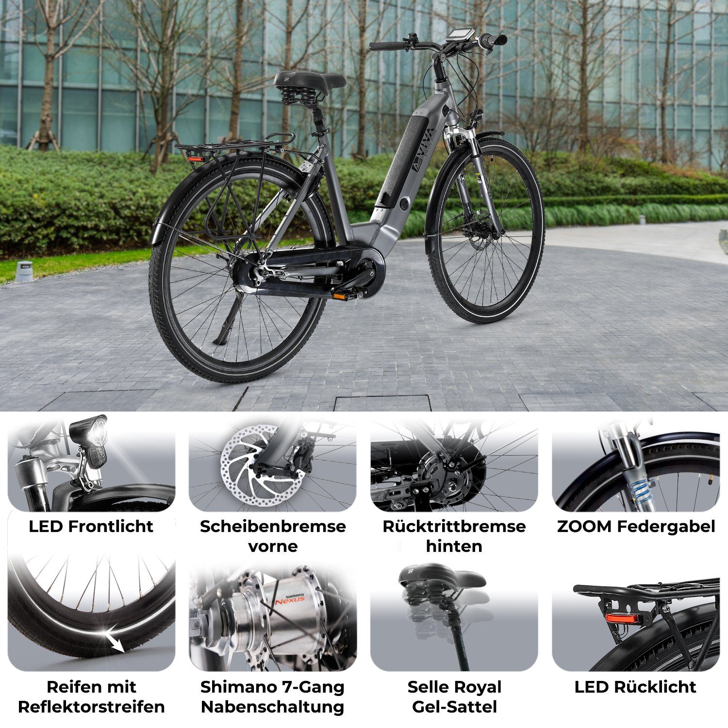 AsVIVA E-Bike Hollandrad, Cityrad B14 28 Zoll & 120 Km Reichweite, 7 Gang Shimano Nexus Schaltwerk, Nabenschaltung, Bürstenloser Mittelmotor, 620 Wh, innerhalb der StVZO, Akku 36V / 17,2Ah / 620Wh