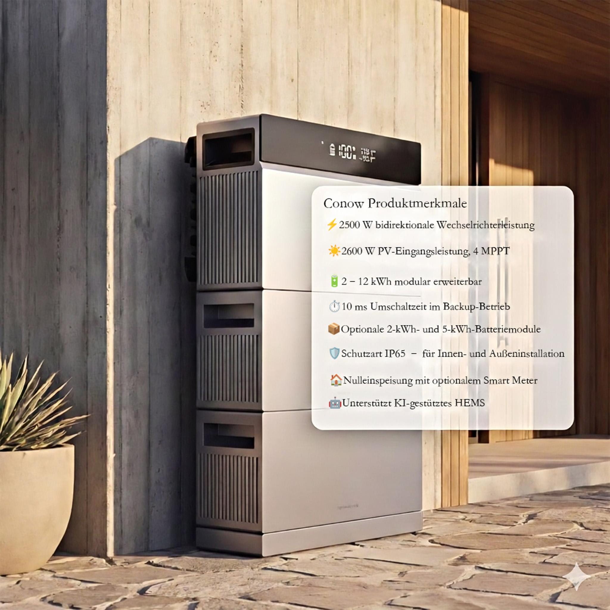 Conow Balkonkraftwerk Conow CBE2000 Pro All-in-one solarspeicher mit 5120Wh Zusatzakku IP65, (Set, Einzelgerät / Hauptgerät mit optionalen Erweiterungsbatterien), KI-Energiemanagement, 2kWh, 2500W 4 MPPT