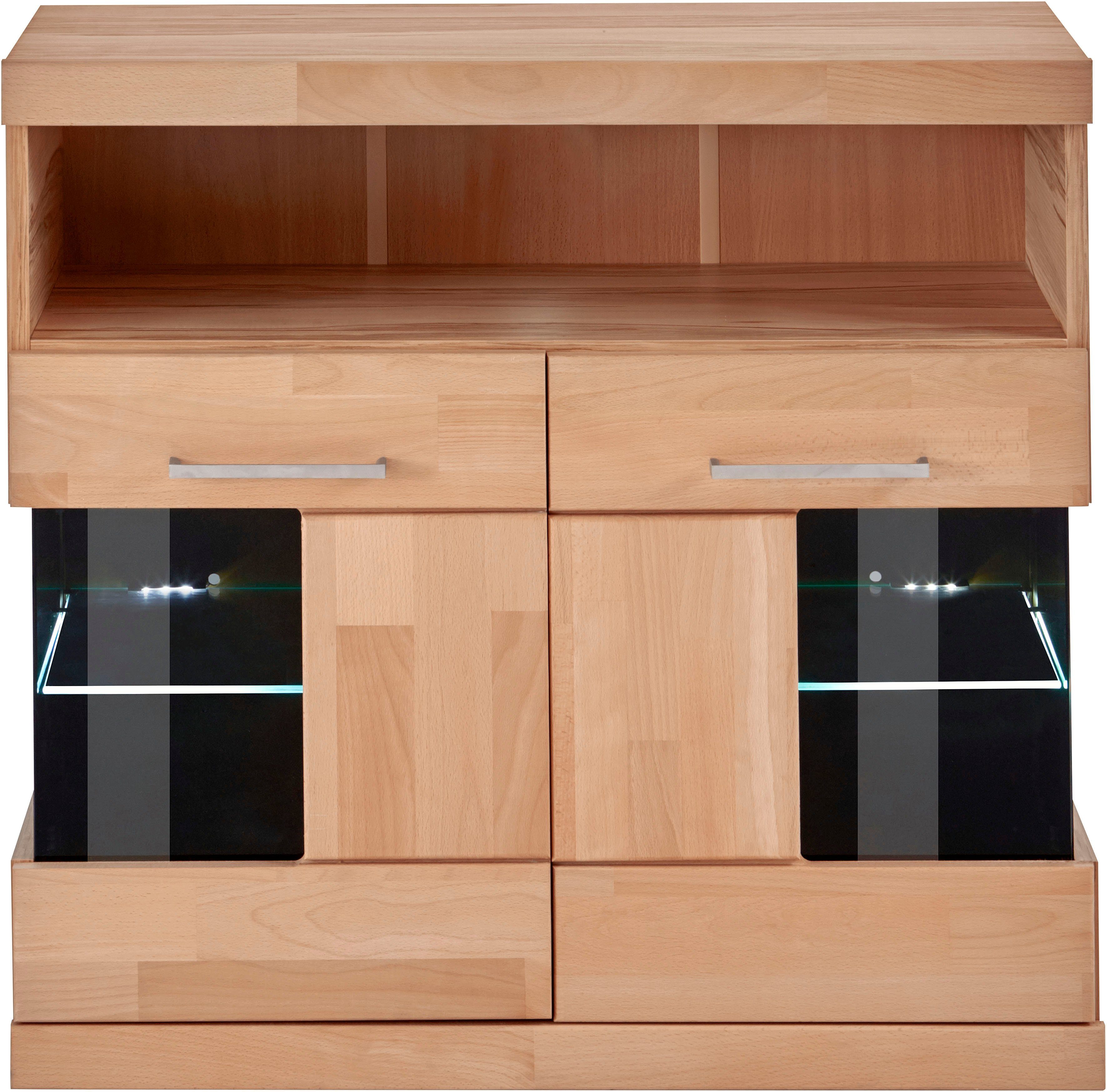 OTTO home Kommode Ribe 85cm breit,35 cm tief, Fronten Massivholz,2 Türen mit Glaseinsatz, Holz massiv, Holzwerkstoff,3 breite Fächer