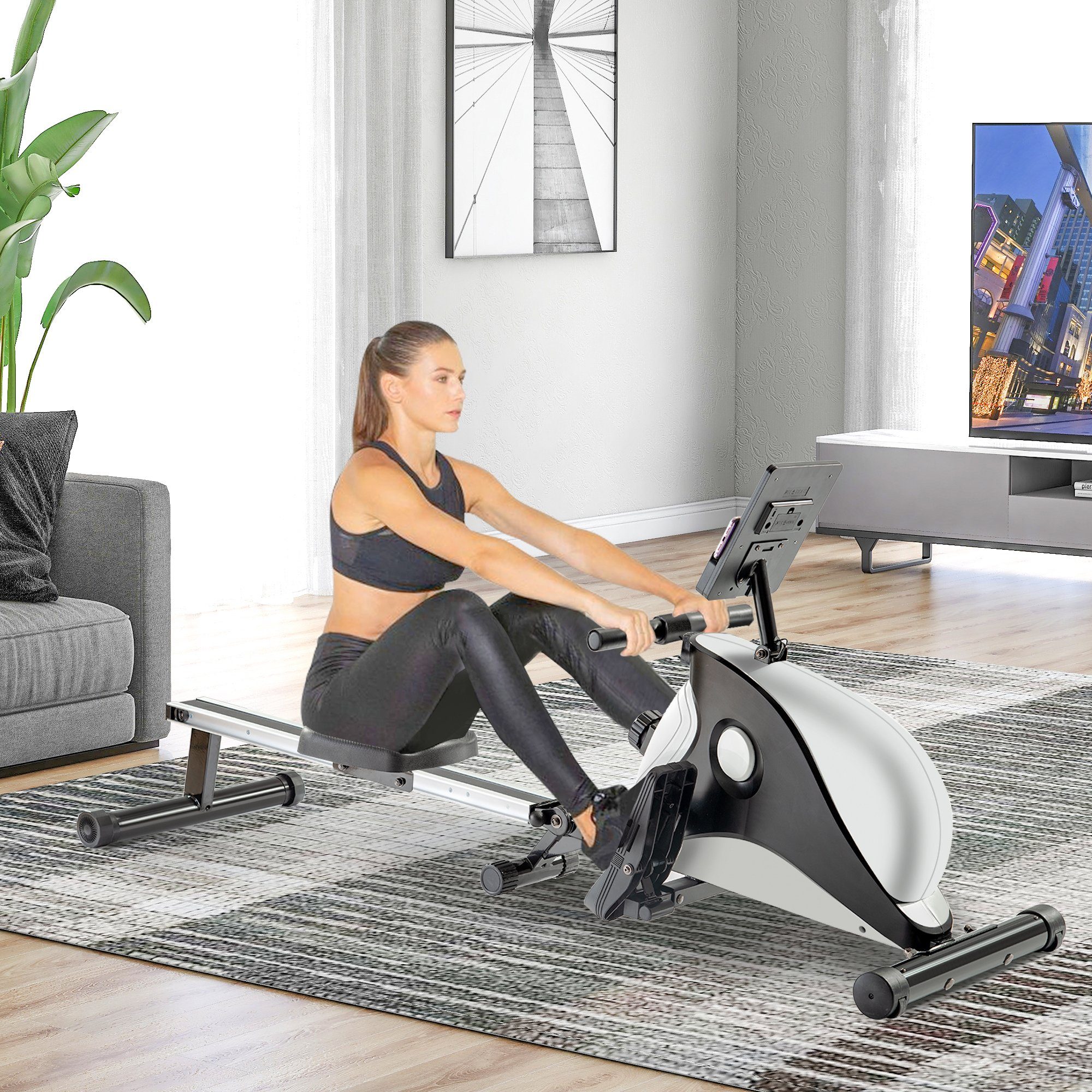 WISHDOR Rudergerät Wasser Rudergerät Rudermaschine klappbar 8 Widerstandsstufen zuhause (mit Transporträdern, mit LCD-Display, leises Magnetbremssystem, Enthält kein PAD), für Zuhause das Heim-Fitnessstudio Rower Ruderer Bis 110KG