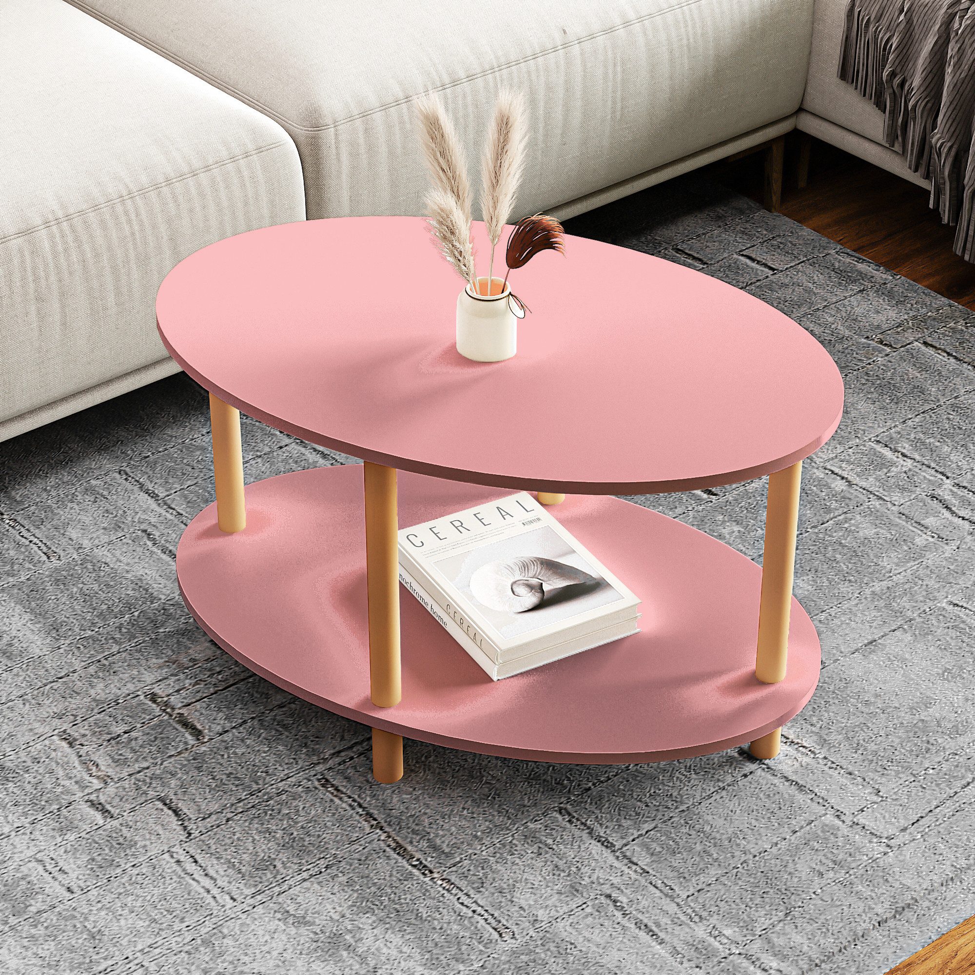 en.casa Couchtisch, »Højreby« oval Beine aus Buchenholz 70x44x43 cm Rosa