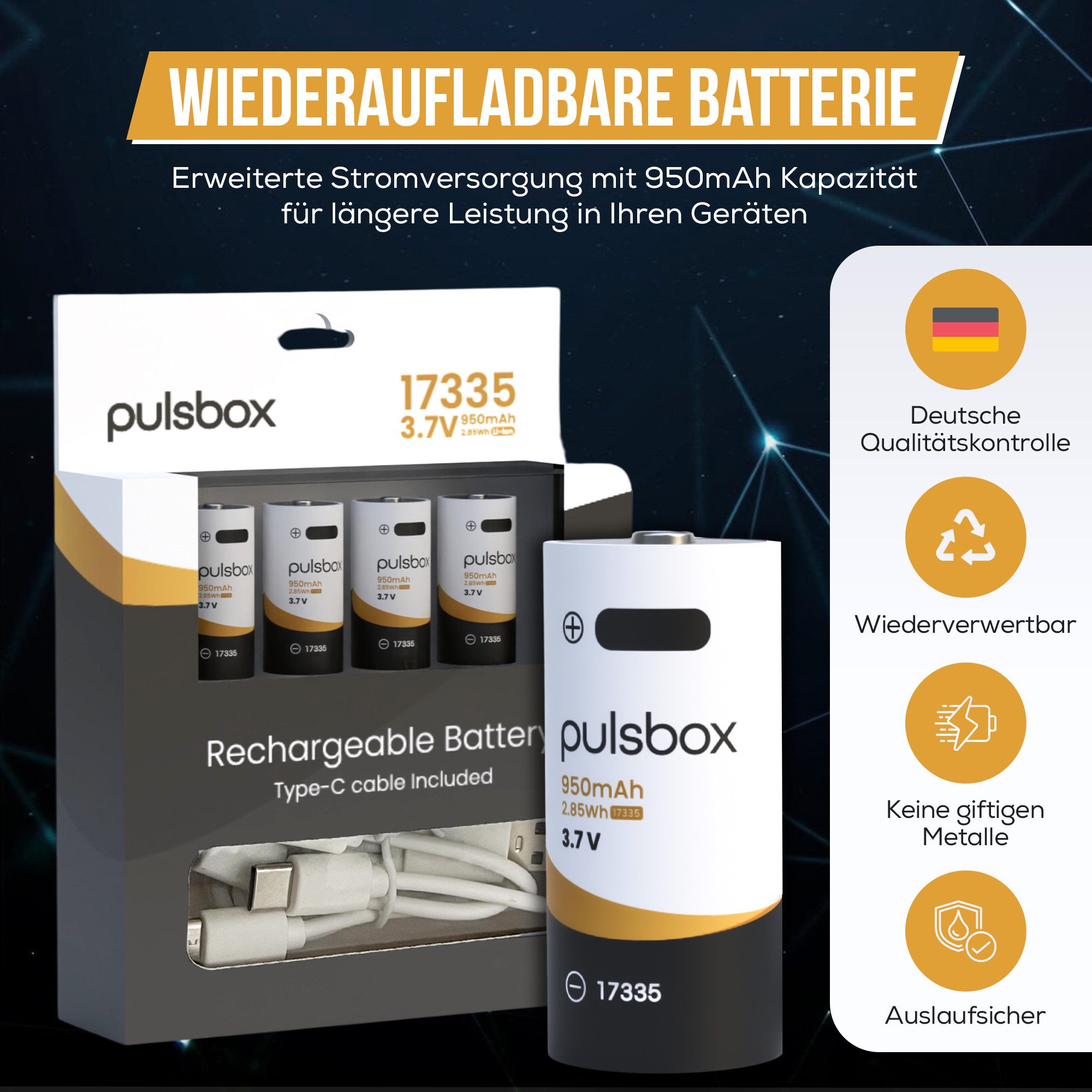 pulsbox RCR123A Akku Li-Ion 3.0V - 3.7V 950mAh USB-C wiederaufladbar Akku, - passend für CR123A 16340 Geräte