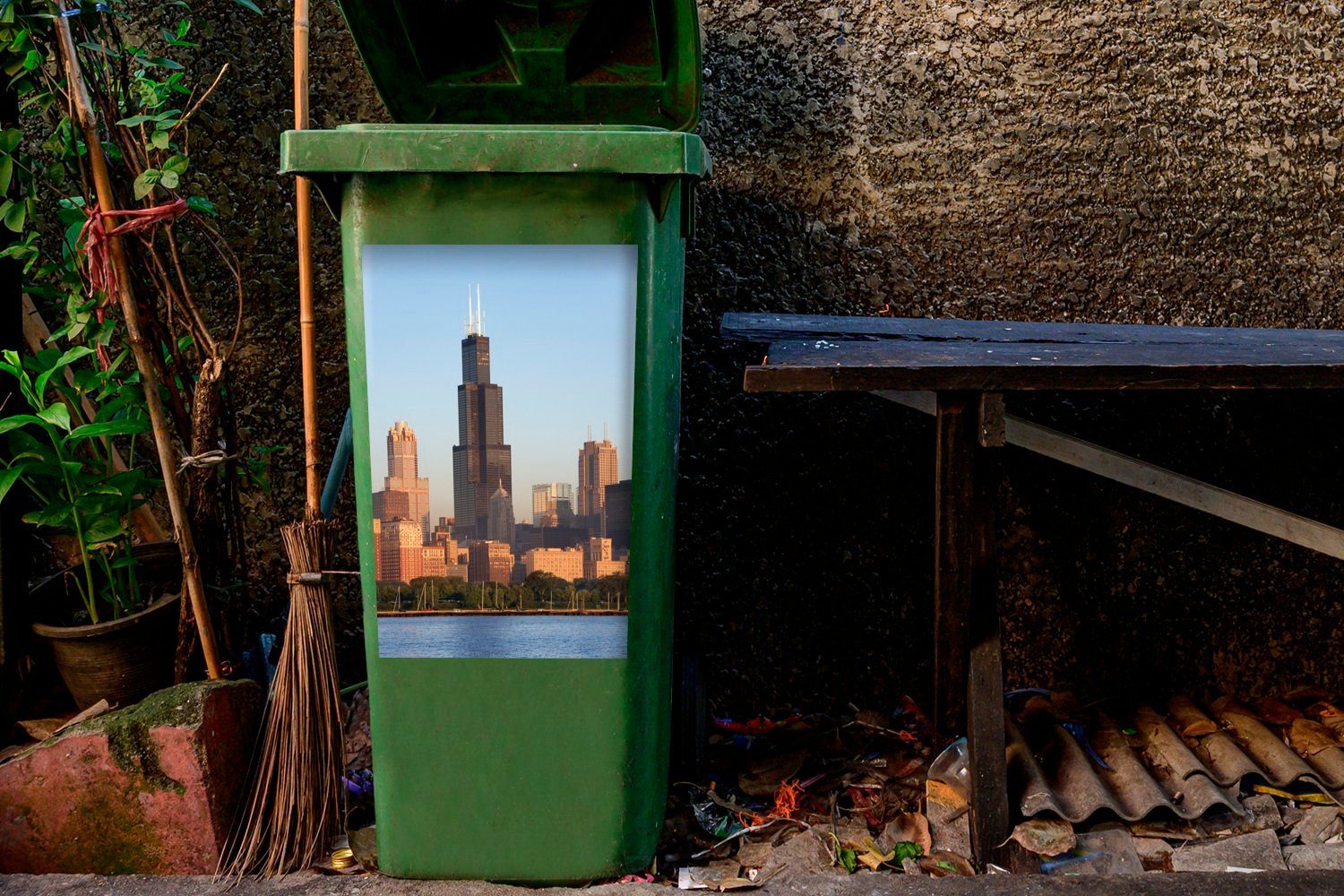 St), MuchoWow Sticker, Skyline Mülleimer-aufkleber, mit Chicago von Tower Willis Mülltonne, Container, dem (1 Abfalbehälter Wandsticker