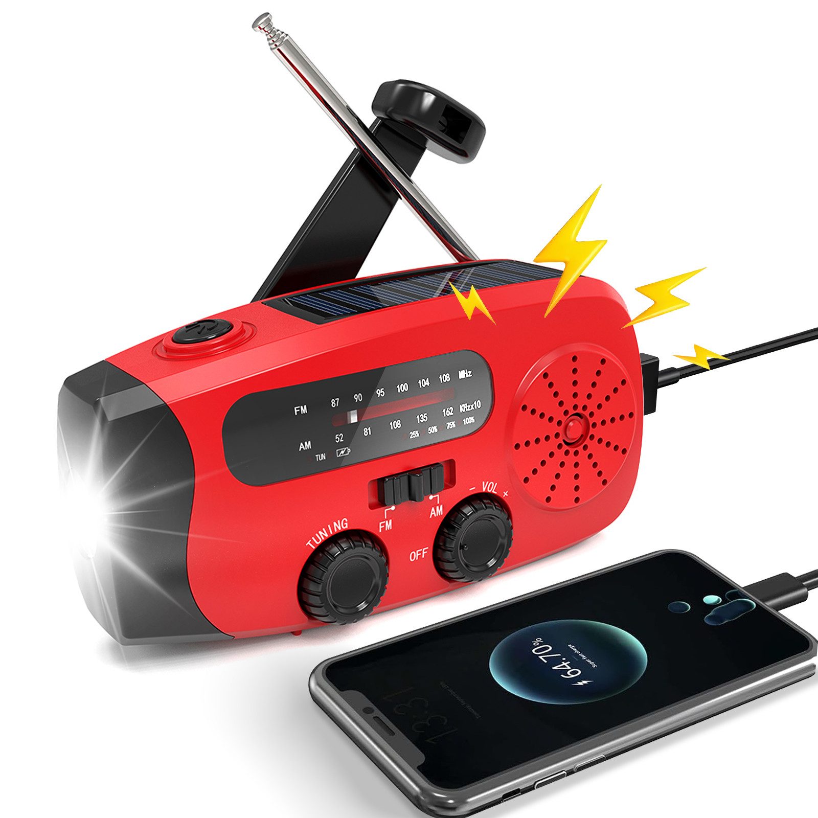 Sytifro Notfallradio, Solar Radio, AM/FM Kurbelradio mit handy ladefunktion Notfallradio (Tragbares, Radio Batteriebetrieben Notfall mit 2000mAh Wiederaufladbare Batterie, 6 W, radio mit Led Taschenlampe, SOS-Alarm für Notfall, Camping, Ourdoor)