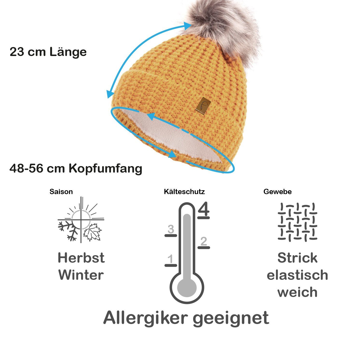 compagno Bommelmütze Wintermütze Mütze Beanie Haube gefüttert Bommelmütze