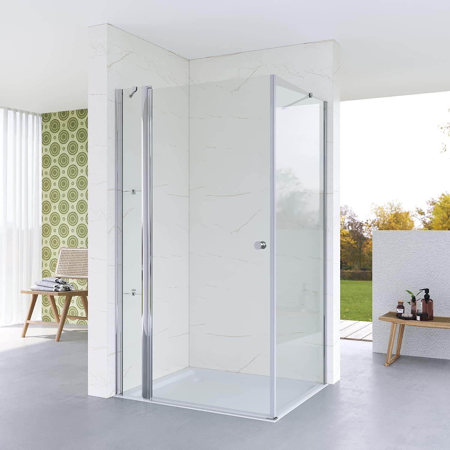 AQUABATOS Eckdusche Eckdusche Duschkabine Eckeinstieg Duschtür an Festteil mit Seitenwand, BxT: 90x80 cm, Einscheiben-Sicherheitsglas (ESG) 5 mm, Ebenerdige Montage möglich, Hebe-Senk-Funktion, Magnetverschluss