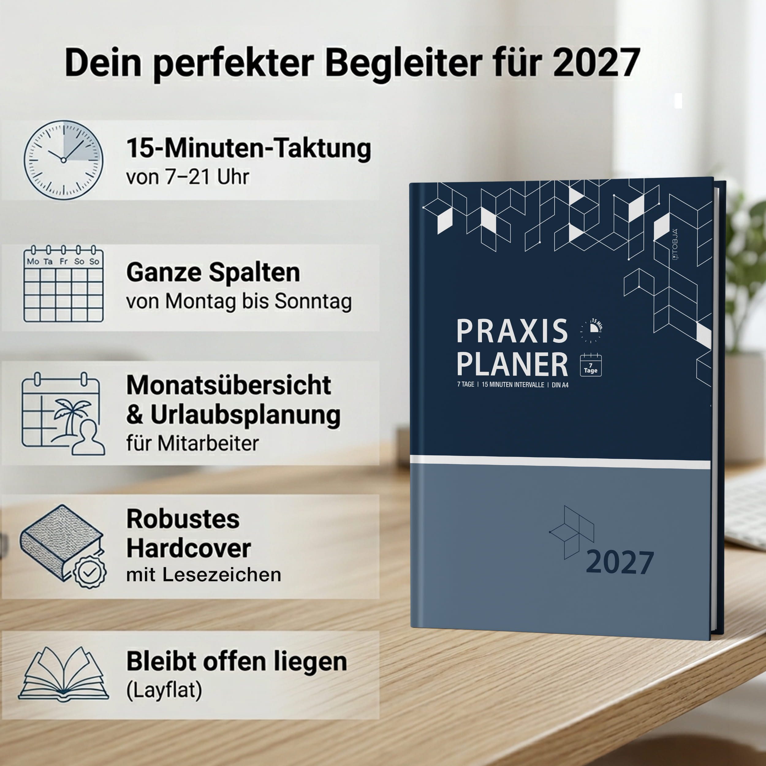 TOBJA Buchkalender Praxisplaner 2027 A4 Navy Hardcover Arztpraxis 15 Min Takt FSC, Hardcover Layflat, A4, 15-Min-Takt 7-21 Uhr, FSC, 23 Mitarbeiter-Plan – Bild 2 von 5