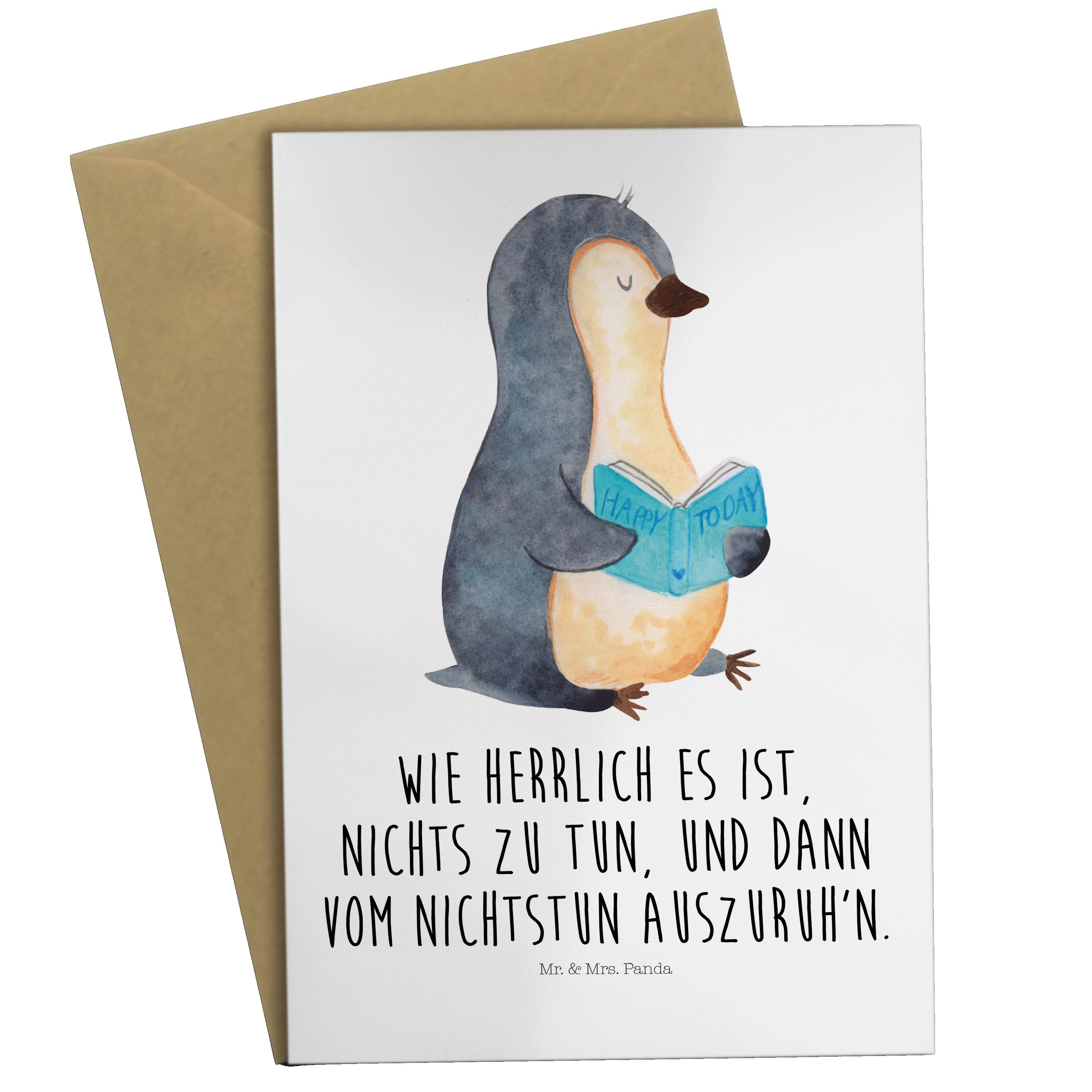 Mr. & Mrs. Panda Grußkarte Pinguin Buch - Weiß - Geschenk, Lesen, Geburtstagskarte, Klappkarte