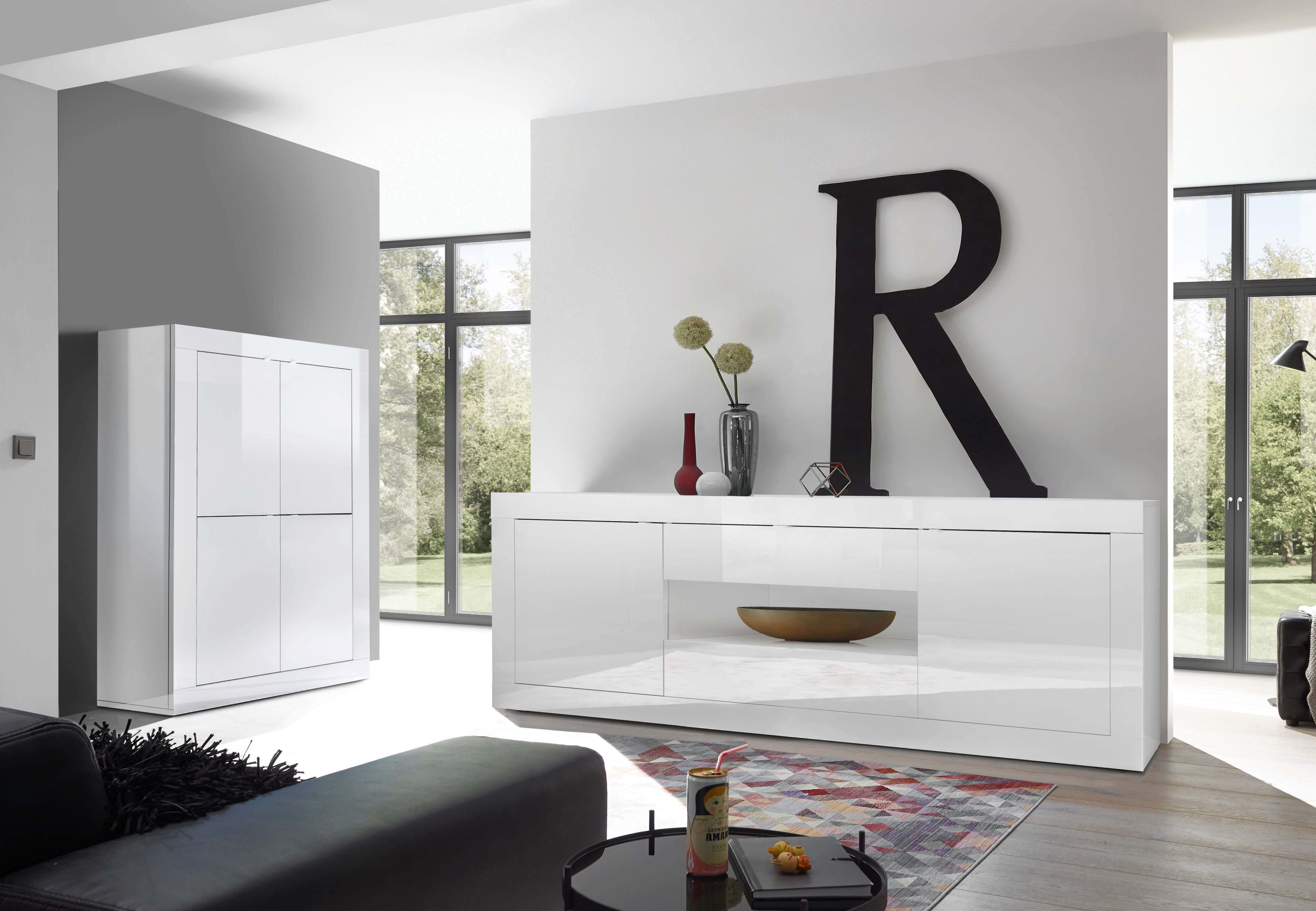 INOSIGN Sideboard Basic Breite 240 cm, Kommode 2 Türen, 2 Schubkästen, Anrichte, Weiss HochglanzLack, Metallgriff, moderne Rahmenoptik, viel Stauraum