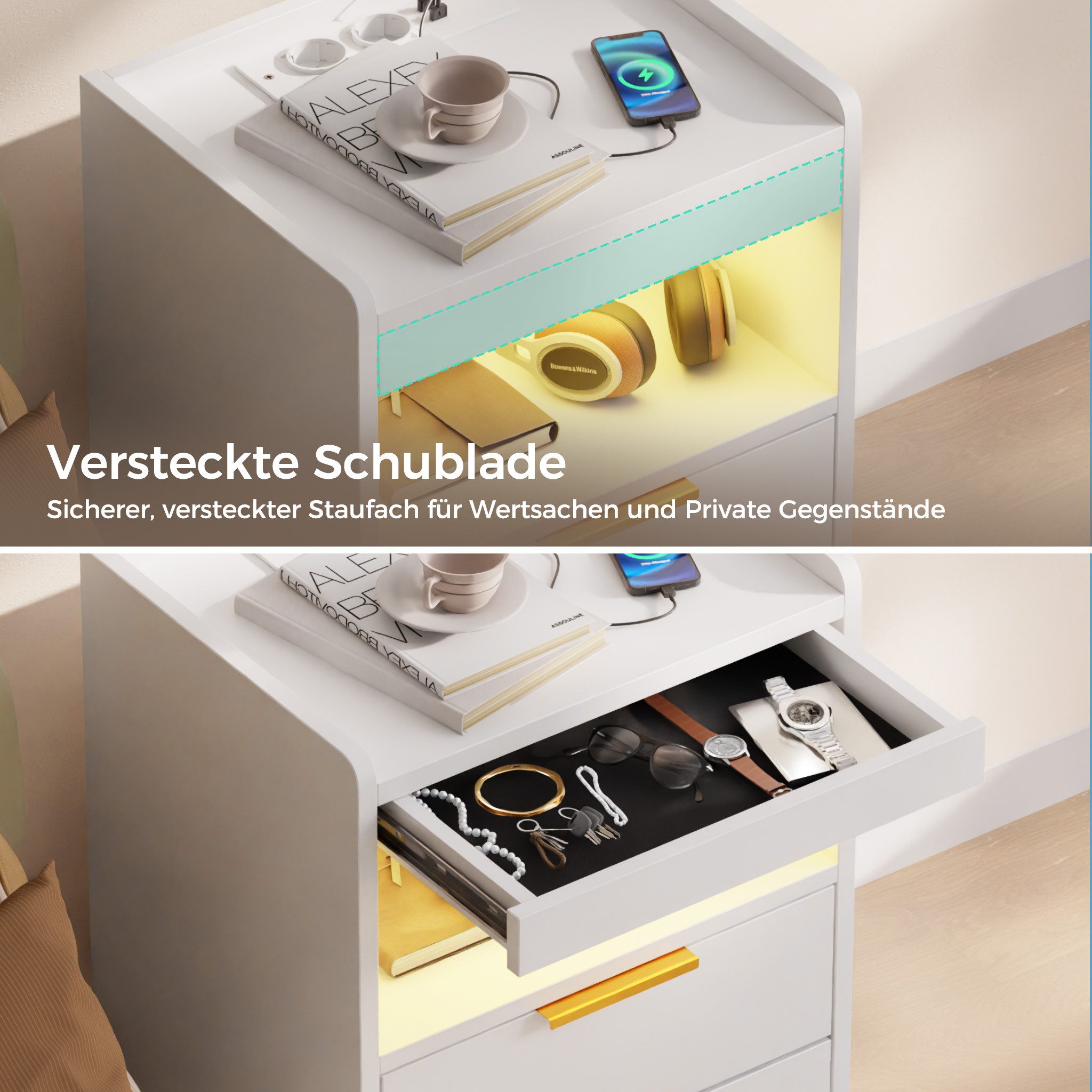 Mondeer Nachttisch (2 St) LED Nachtkommode (Beistelltisch mit Steckdosen), mit LED-Beleuchtung & 2 USB Ladestation, 3 Schubladen – Bild 4 von 5